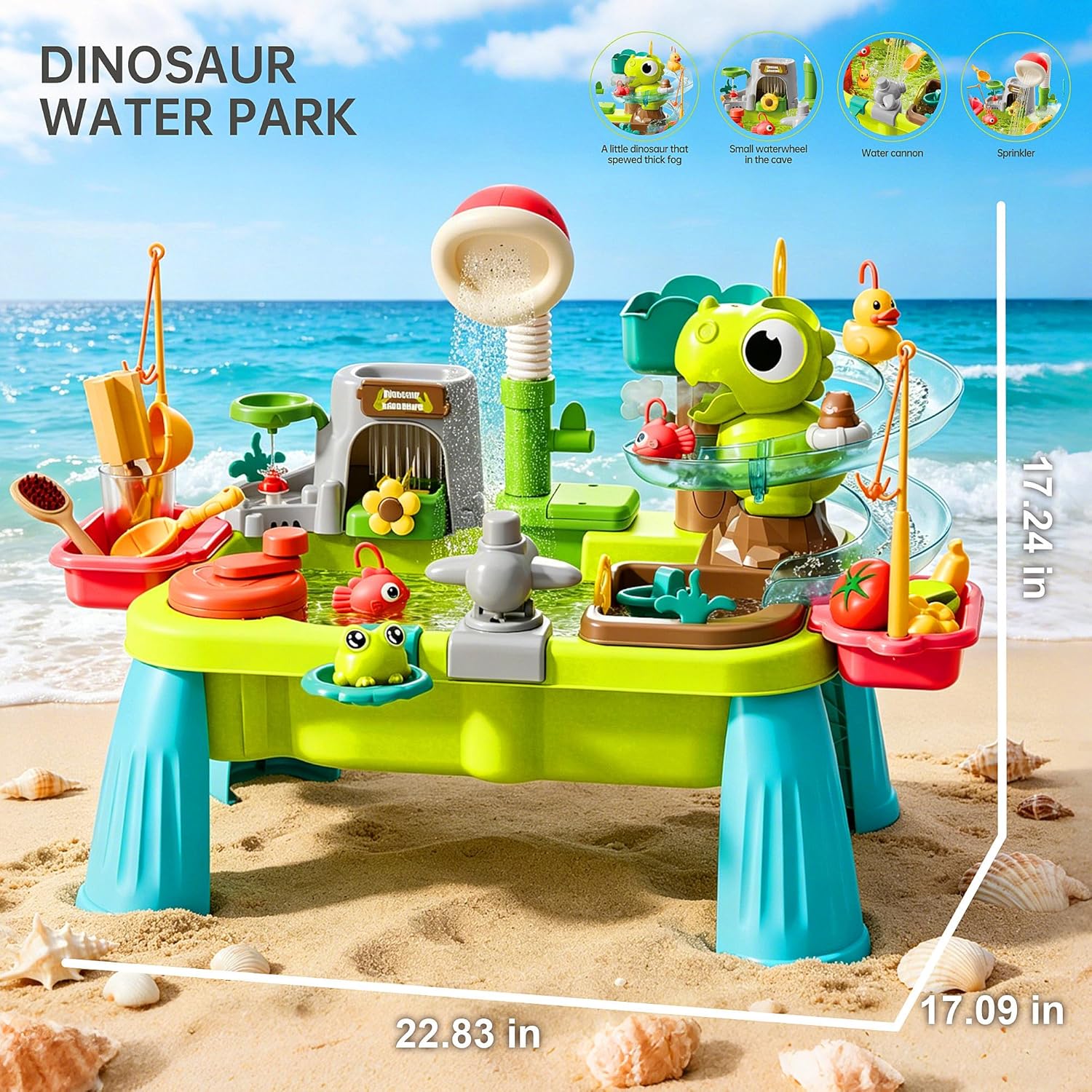 Dinosaur Sand and Water Table for Toddlers 2-8, 11-in-1 Outdoor Water Play Table with Electric Circulating Spray and Sensor-Activated Mist, Summer Backyard Sensory Toys for Boys Girls Ages 3-5 4-6