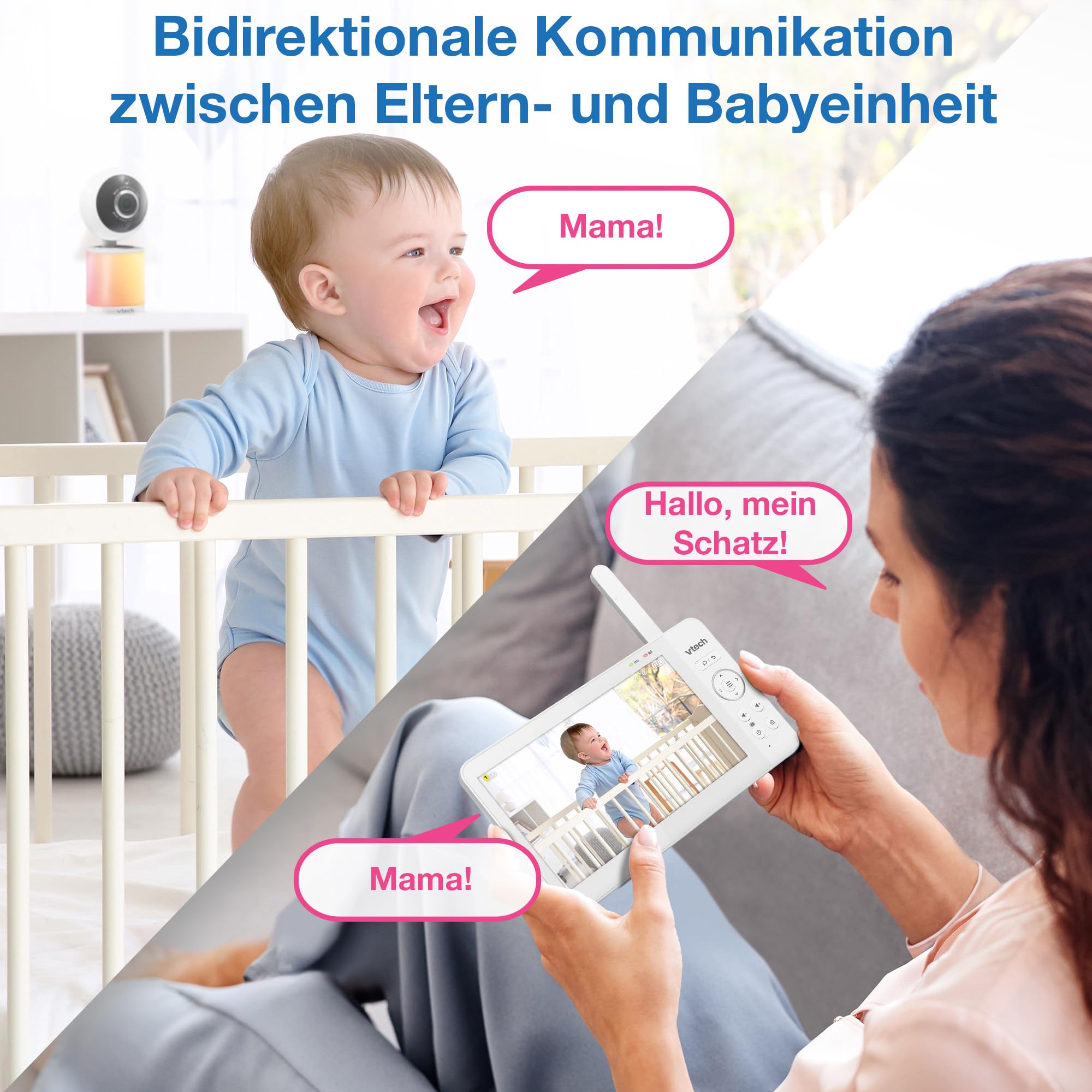 VTech Video-Babyphone mit 7" Farb-LCD-Bildschirm,360°-Panoramablick,Schwenken/Kippen/Zoom,Wiegenlieder&beruhigende Geräusche,Nachtlicht,Gegensprechfunktion,Touch-Bedienung,VM7468-2 mit Zwei Kameras