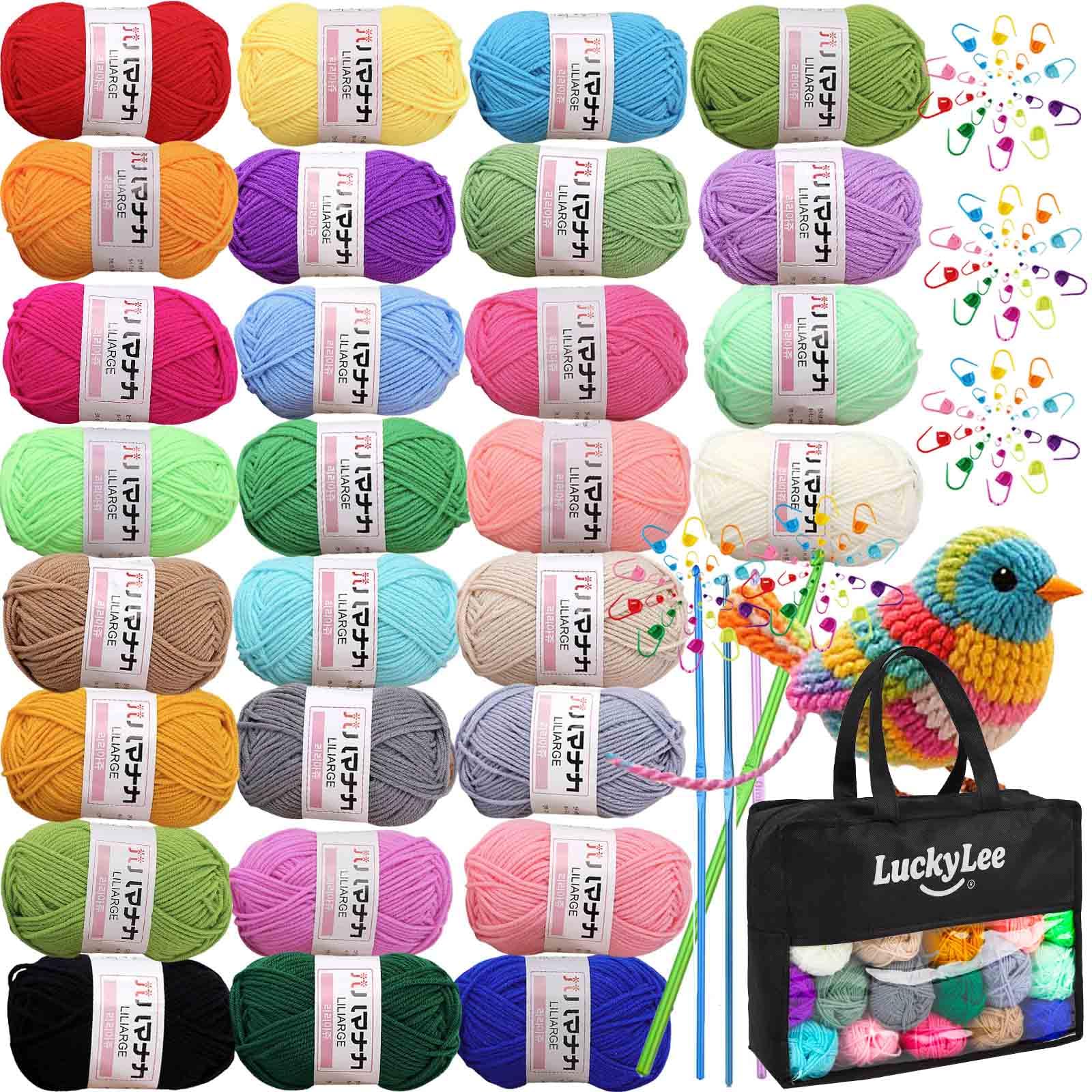 28PCS Crochet Yarn Double Knitting Wool, 700g Acrylic Yarn Crochet Yarn with Aluminum Crochet Hooks Stitch Markers for Crochet Kits for Beginners Adults Wool for Crochet Knitting and Crafts (Rainbow)