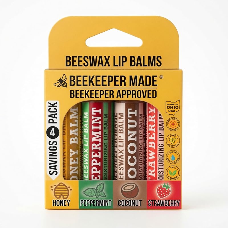 Bálsamo labial Beekeeper Made com mel, hortelã-pimenta, coco e morango — Pacote com 4