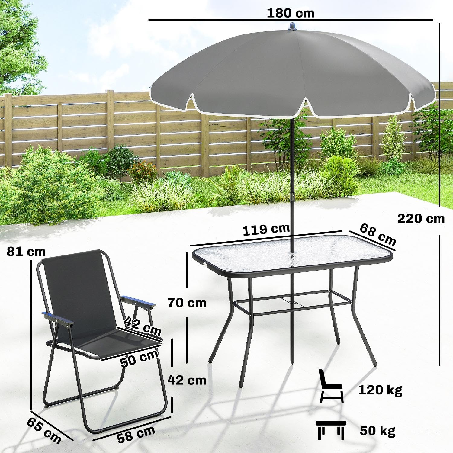 Tavolo e Sedie da Esterno da Giardino, Rettangolare, con Ombrellone, in Acciaio/Vetro Temperato, 119x68x70 cm, Nero