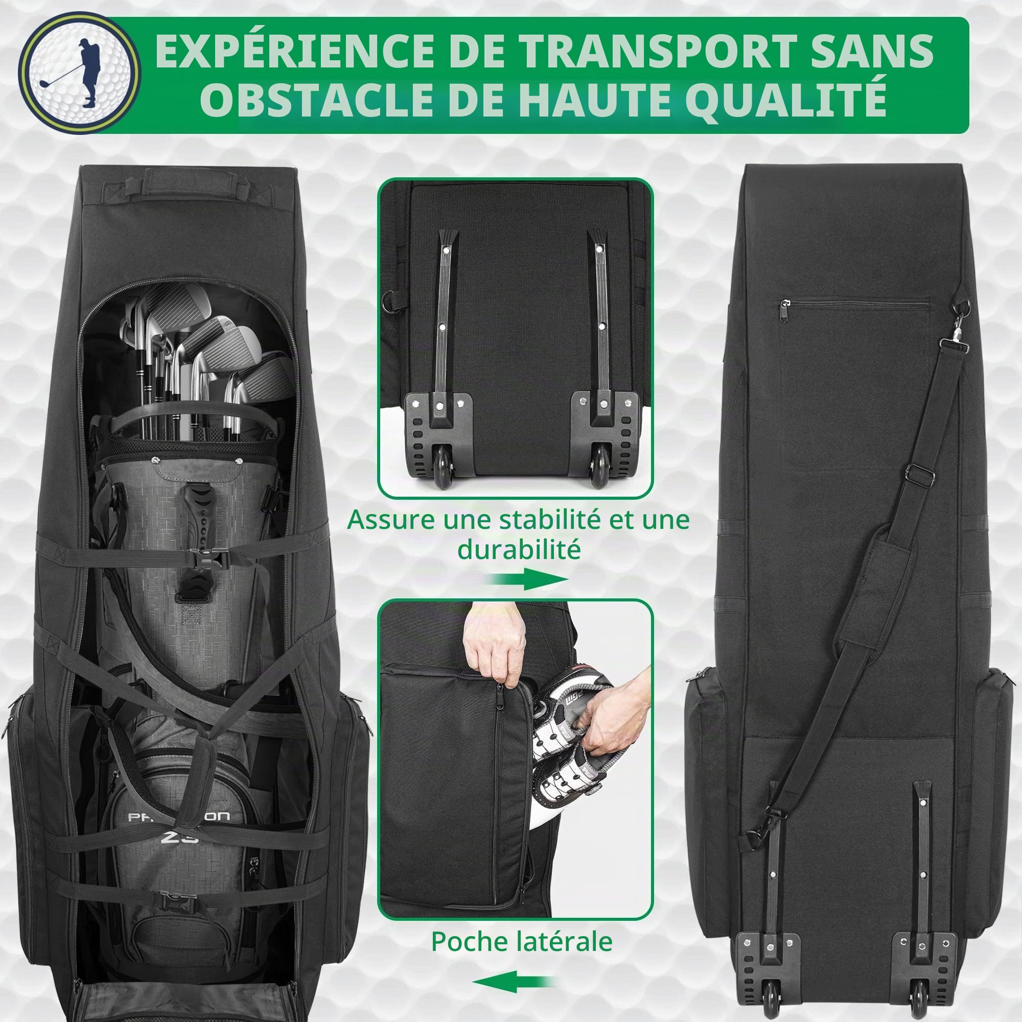 Sac de voyage pour golf avec roues, sac de clubs de golf à grande capacité, chariot de golf avec roues renforcées, sac de golf en tissu Oxford 900D imperméable pour les voyages en avion