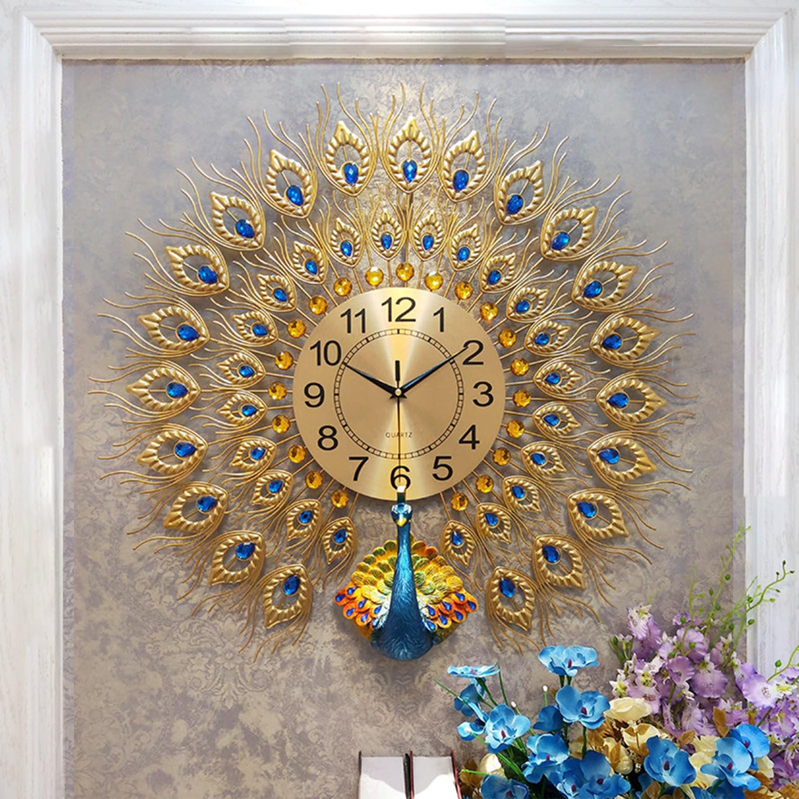 Grande horloge murale paon 3D en métal silencieuse pour décoration maison et bureau