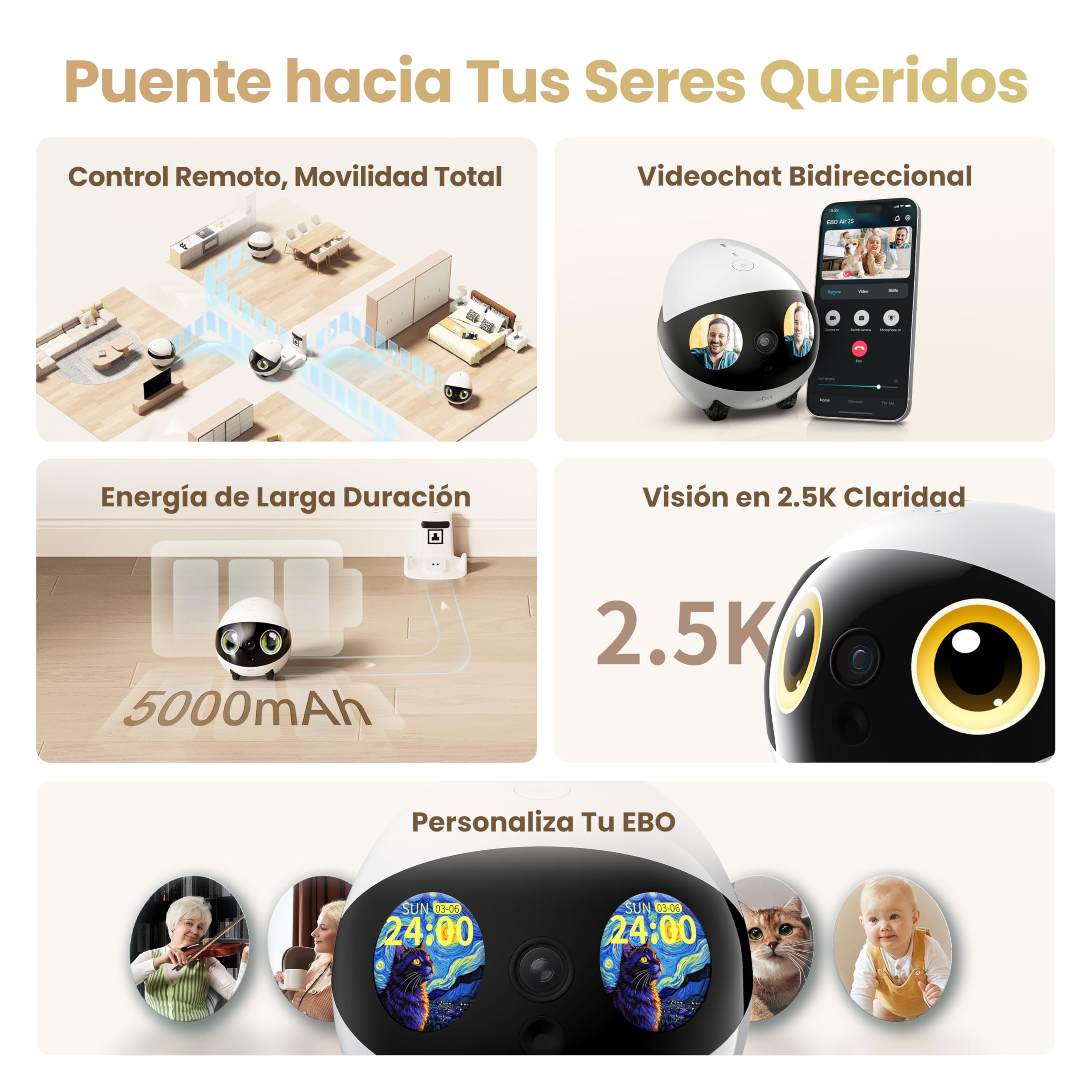 Enabot EBO Air 2S FamilyBot – Robot Cámara Mascotas 2,5K, Batería 9–10H, Seguimiento IA, Patrulla, Vídeo Bidireccional, Recarga Auto, Almacenamiento Local – Gatos, Perros y Familia