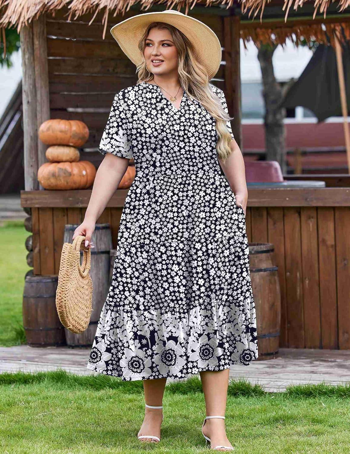 IN'VOLAND Women Plus Size Summer Dresses V Neck Short Sleeve Midi Dress with Pockets Flowy A-line Tiered Beach Sundress 1X-5X - Image 2