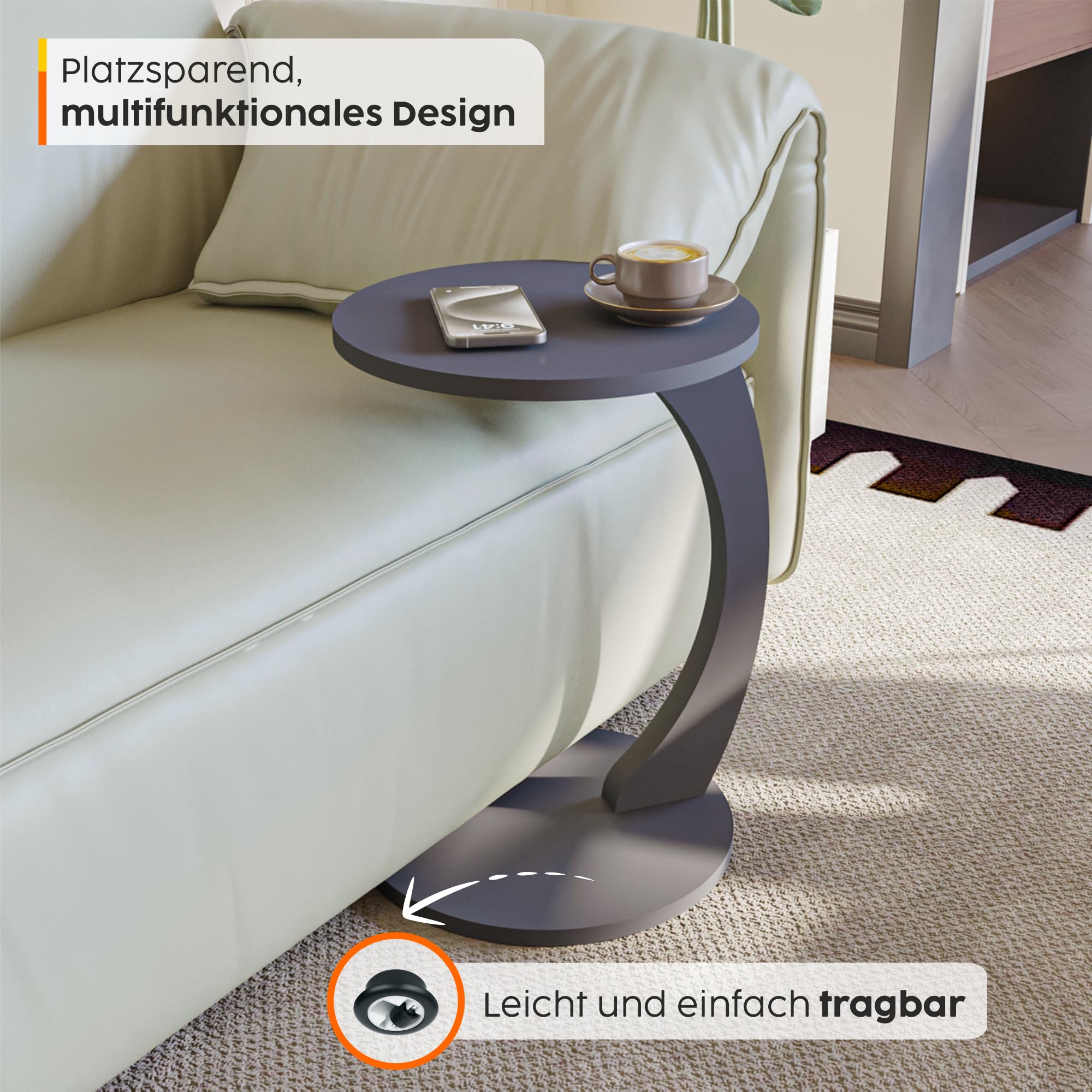 sugodesign Couchtisch mit Rollen, Kleiner Beistelltisch C Form, Beistelltisch Couch, stylischer Sofatisch in schöner Anthrazit Optik, runder Tisch als Ablagefläche für Couch und Wohnzimmer, C Form