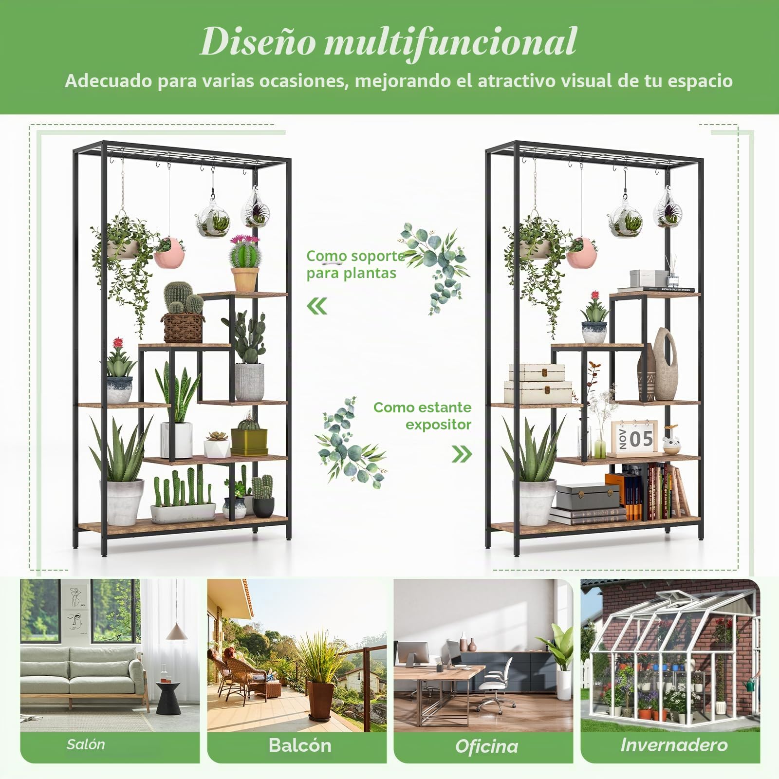 GOPLUS Soporte para Plantas de 6 Niveles, Estante de Exhibición para Macetas con 10 Ganchos para Colgar, Estantería de Metal Vertical Multiuso180 CM para Balcón Salón Interior (Marrón)