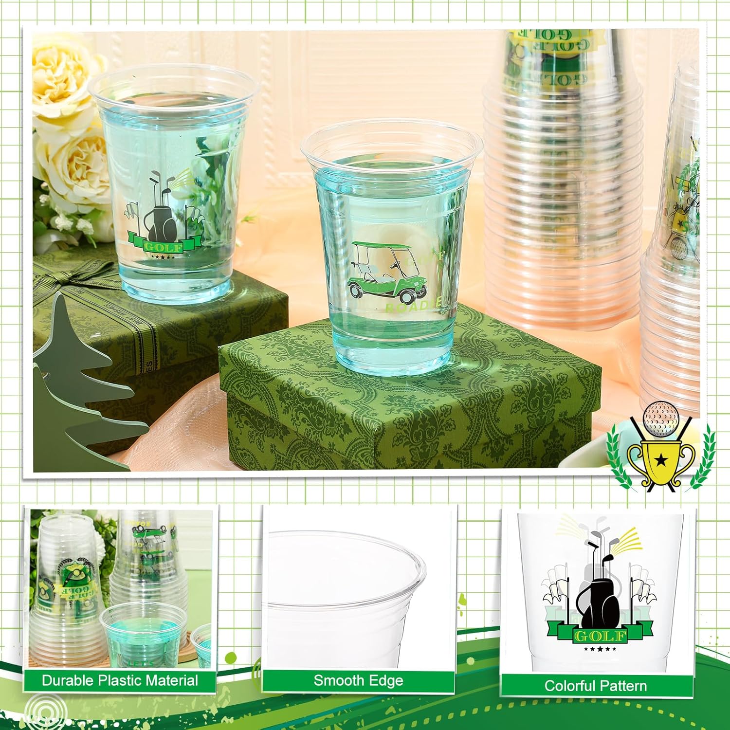 100 Pcs Golf Plastic Cups Bulk 16 oz Clear Disposable Cups Tumblers for Cold Beverage Drinking Beer Snacks Candies for Themed Party Supplies Decorations Favors