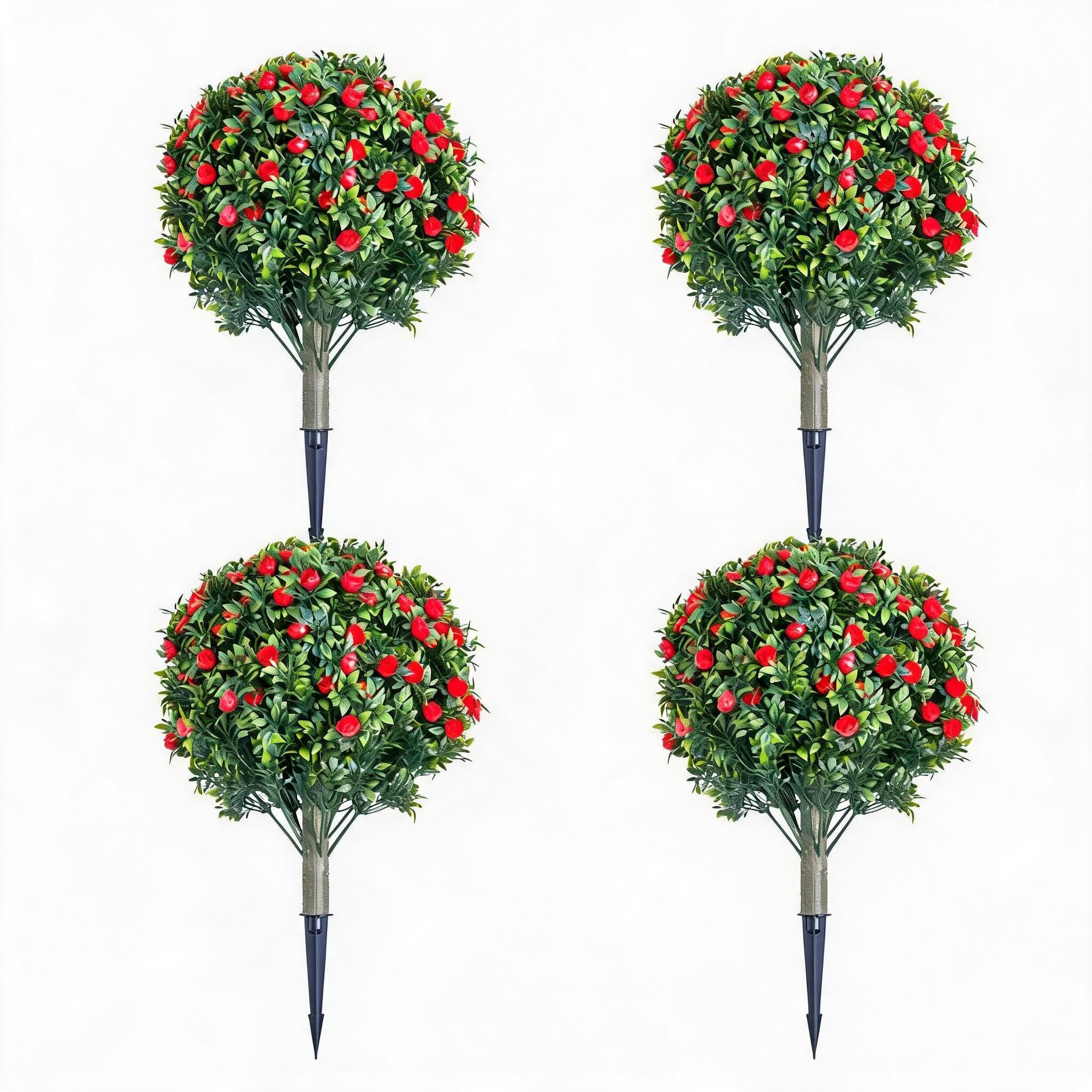 Artificial Topiary Ball Trees Set of 4 – Red Rose Flowers, 23.6" Lifelike PE Fake Shrubs with Metal Ground Spike & Stakes, UV Resistant Decorative Plants for Home Decor,4 Red Flowers, 60x40cm