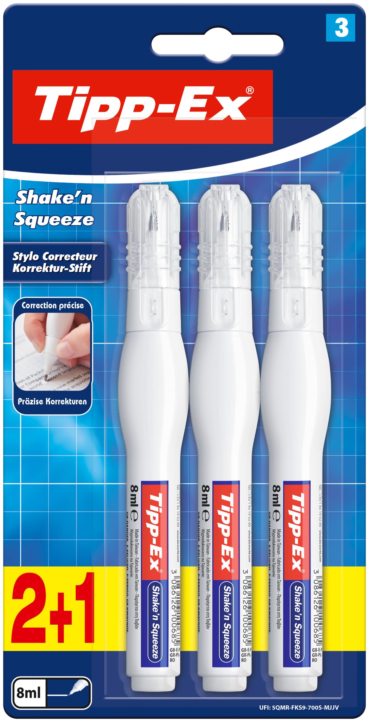 Bic Tipp-Ex Shake 'N Squeeze Correttore Bianchetto Penna Liquido 3 Unità 8ml Beige