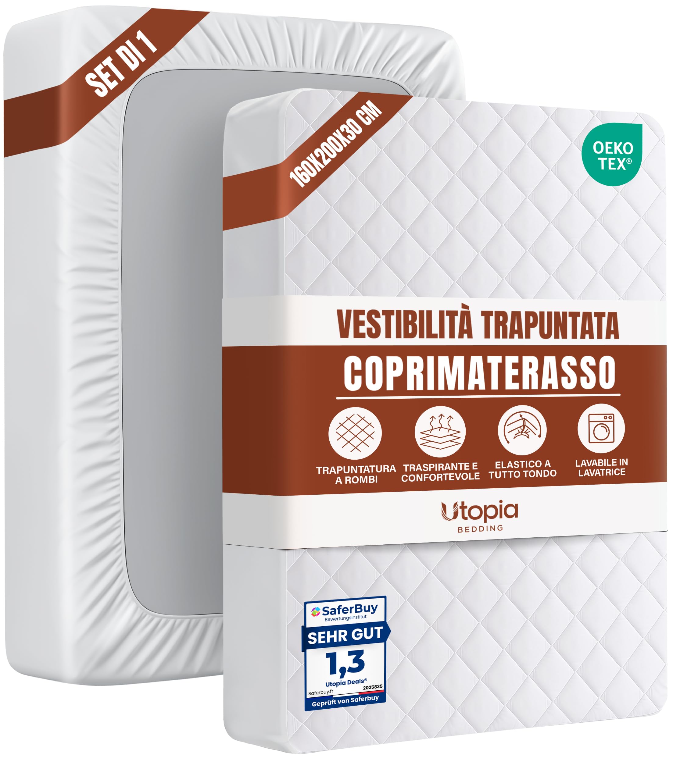 Utopia Bedding Coprimaterasso Trapuntato, Gonna Elastica Coprimaterasso, Vestibilità Extra Profonda Fino a 30 CM con Motivo a Diamante (160x200 cm, Bianco)