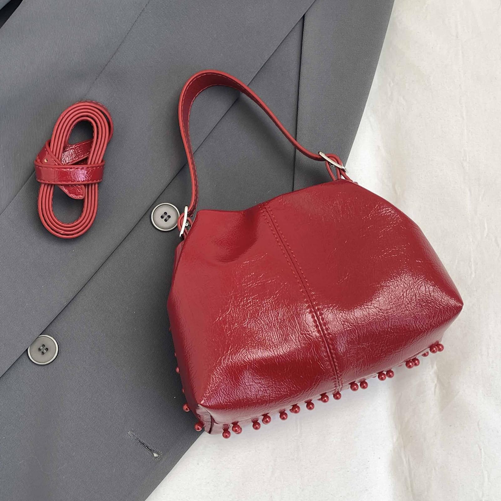 Bolso de piel sintética con cordón, bolso de mano con correa para el hombro,
