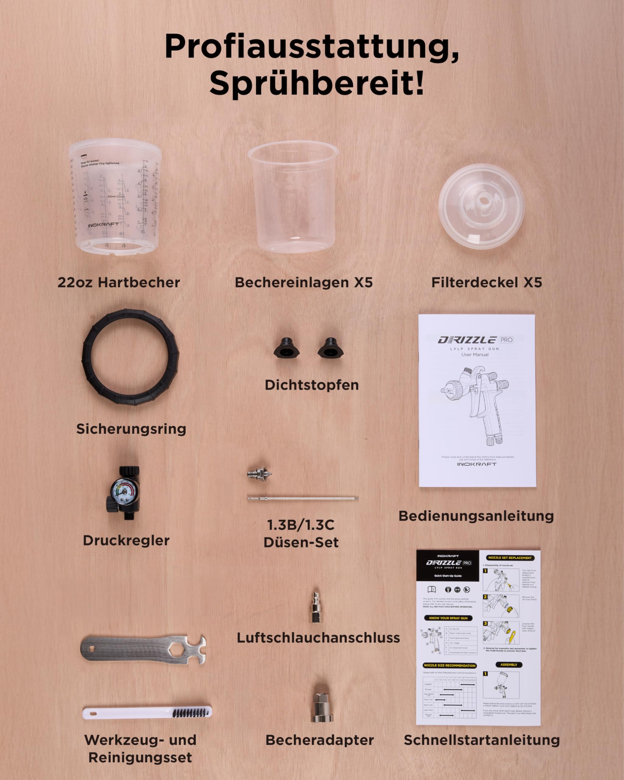 InoKraft Drizzle Pro LVLP Lackierpistole – Professionelles Farbsprühsystem, extrem leicht (340 g), Low-Overspray, 1.3B/1.3C Düsenkit – für Auto, Wandfarbe & Industrie