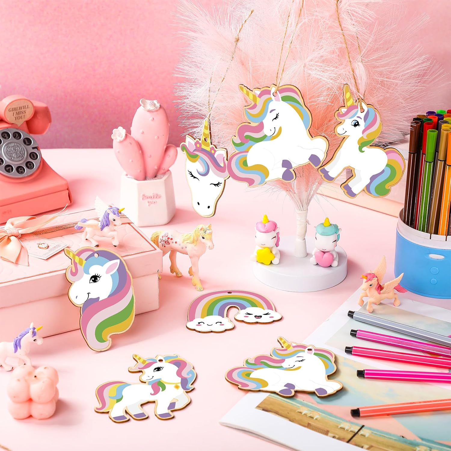 Fullhawl 36 Pack Wooden Unicorn Cutouts Crafts Unfinished Wood Unicorn Head Cutouts to Paint DIY Crafts for Hanging Ornaments Rainbow Party Decorations Gift Tags Home Craft