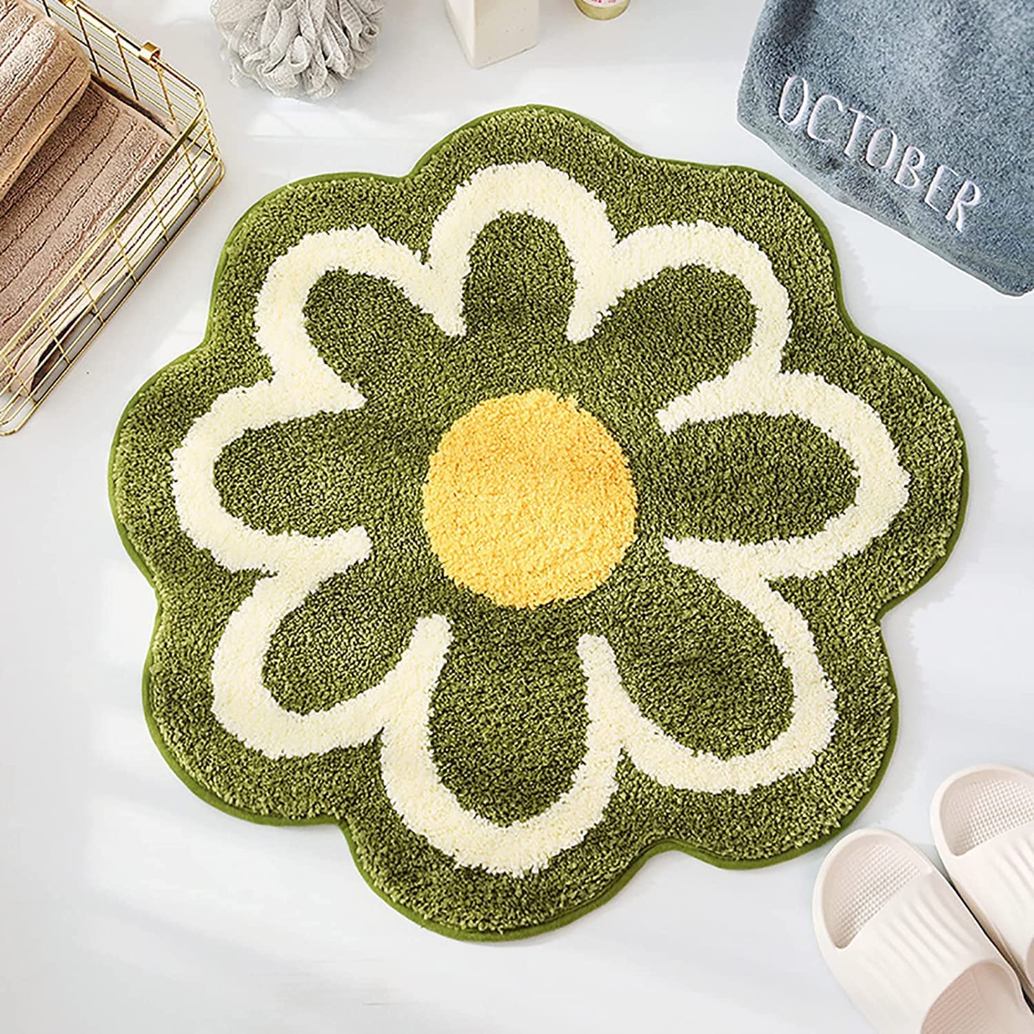 Tapis De Bain Anti-dérapant Forme Fleur – Doux, épais, Absorbe L'eau, 60x60 Cm, Lavable En Machine, Bleu