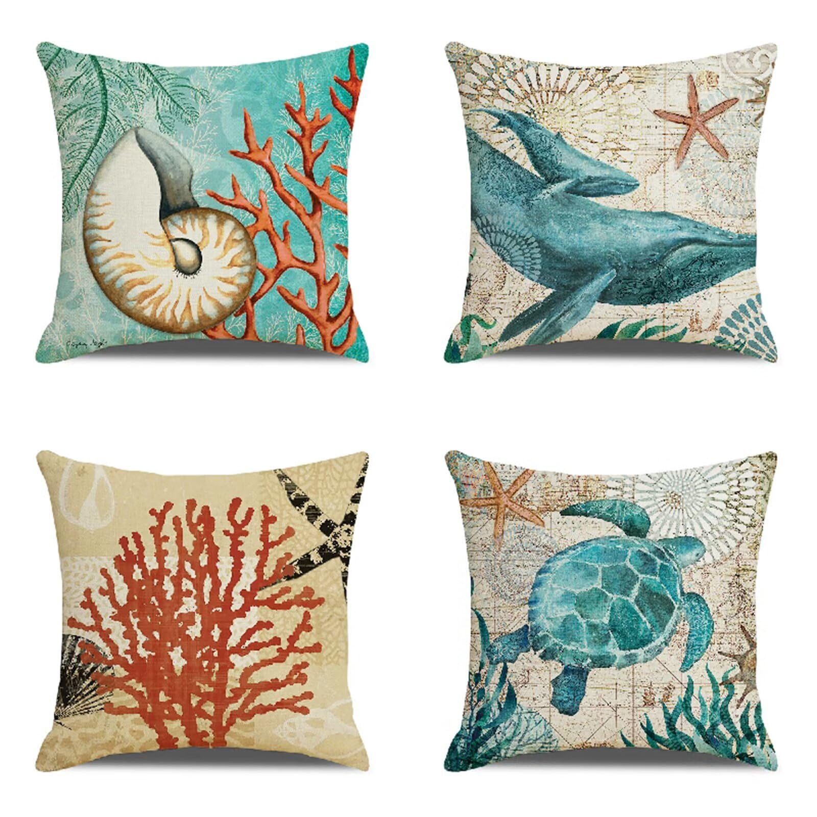 Federe Cuscini Divano Set di 4 Cuscini per Divano Lino impermeabile Esterno Cuscini Decorativi Vita marina Cuscini Divano Soggiorno da Letto Estate Giardino Esterno Copricuscino 60x60 Blu HY-972