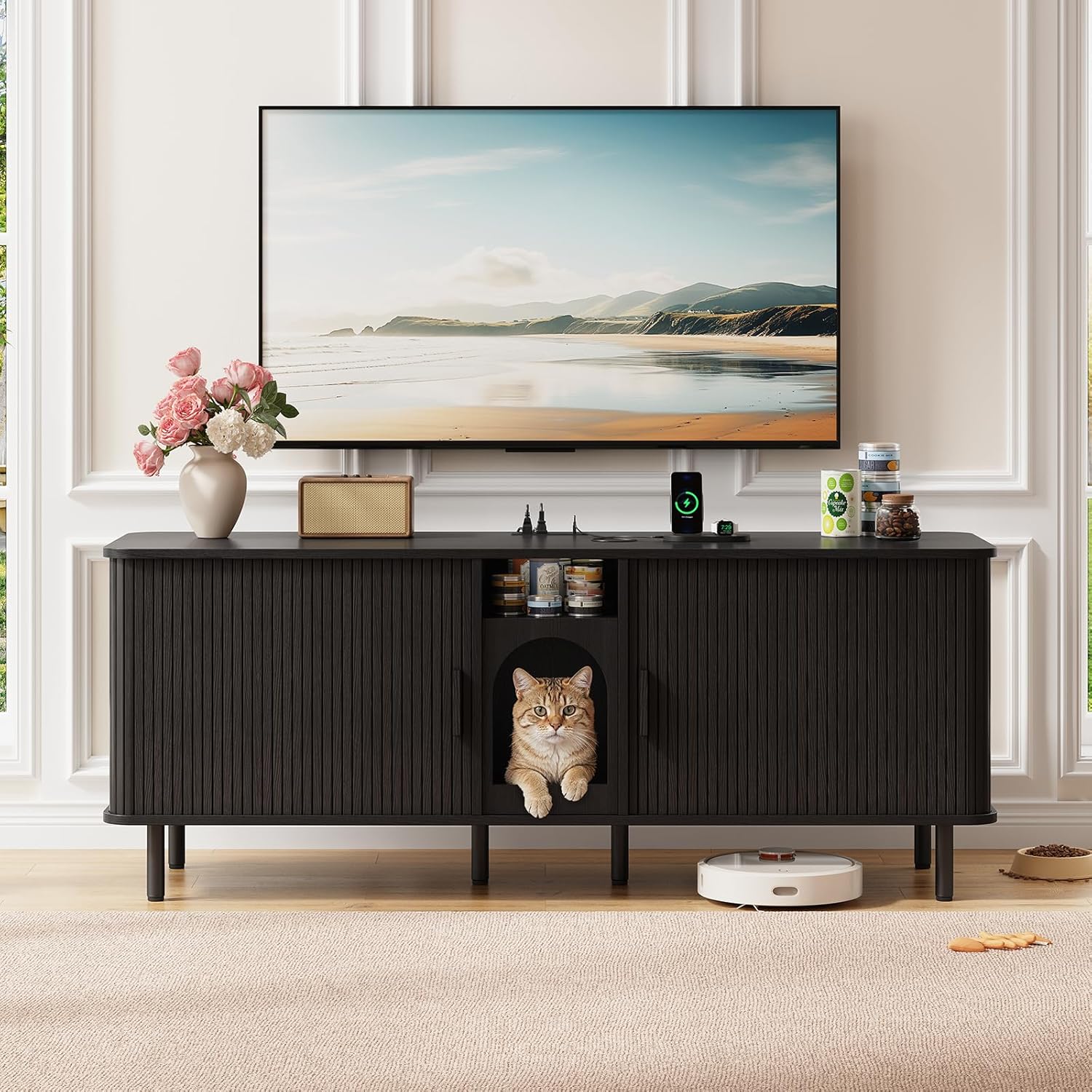ONBRILL 65 Inches Cat Litter Box Enclosure for 2 Cats, Hidden Litter Boxes Furniture with Outlets, Double Rooms Large Indoor Pet House, Mid-Century Modern TV Stand for Living Room, Black