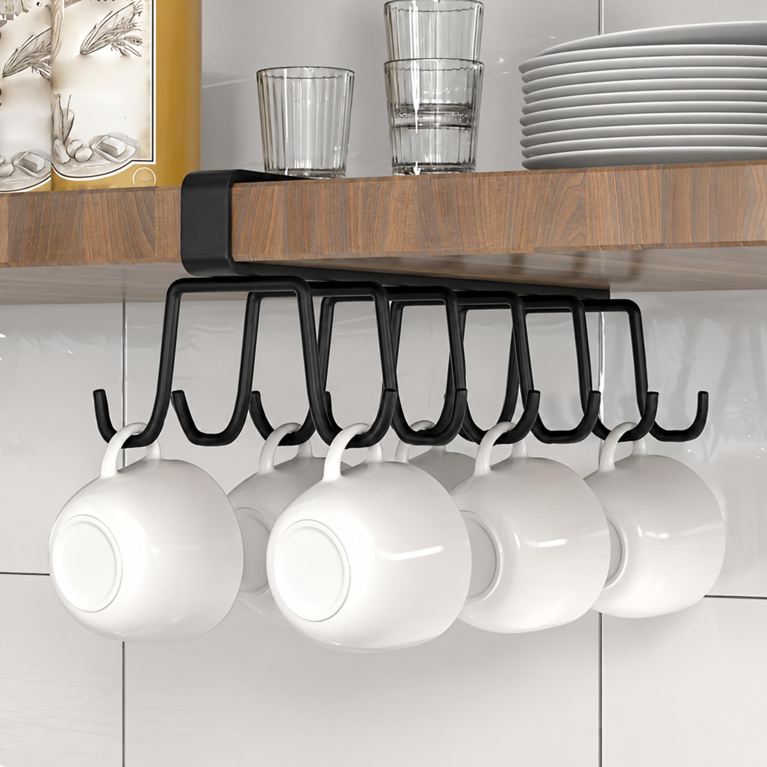 JIALTO 1PCS Double-Row 12 Hooks for Kitchen Storage Rack Cupboard Hanging Coffee and Tea Cup/Organizer/Metal Hook/Cabinet/Cooker/Towel Holder/Use Inside Kitchen/Bathroom/Home and Office(Black)
