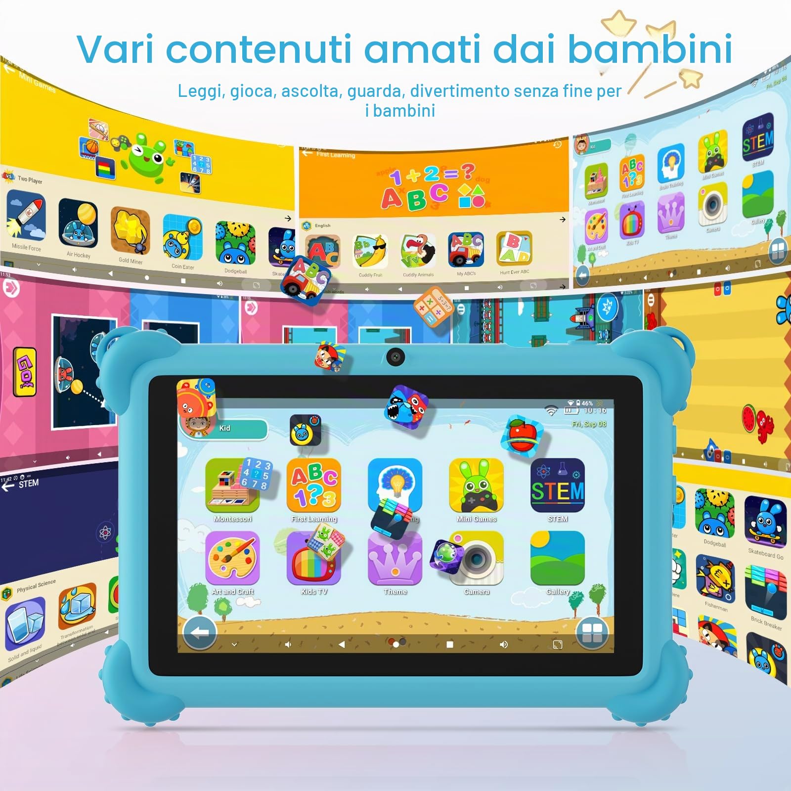 C idea, tablet per bambini, Android 15, 7 pollici, 1024 x 600, 6 GB (3 + 3) RAM + 32 GB ROM, batteria 2500 mAh, app per bambini preinstallate, compatibile con Wi-Fi e Bluetooth (blu)