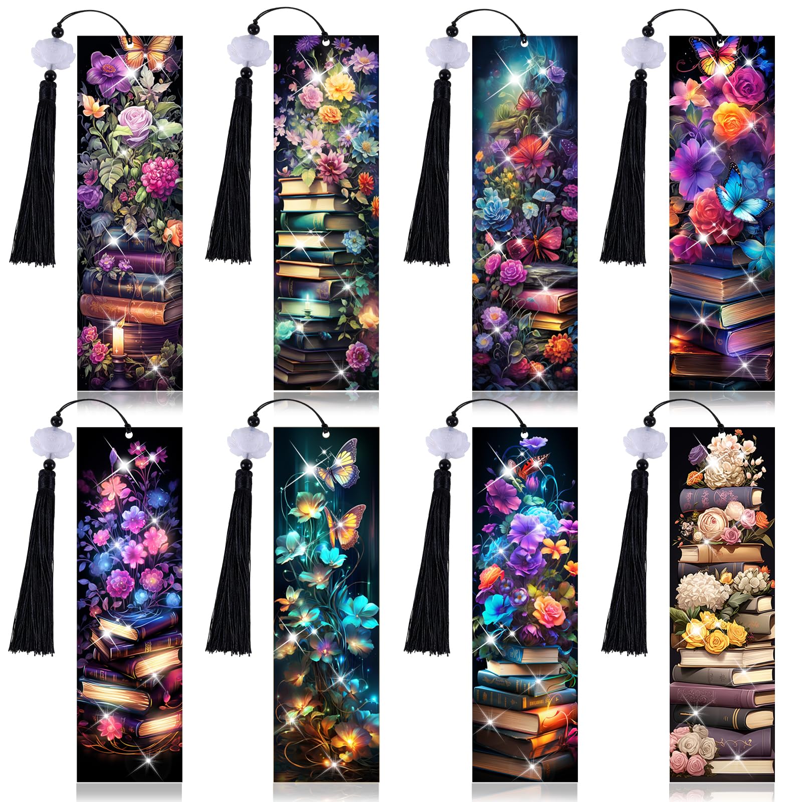 8-teiliges Lesezeichen-Set mit Blumenmuster, Diamant-Kunst-Lesezeichen-Set, 5D-Buchliebhaber, DIY, Perlen, Acryl-Lesezeichen mit Quasten, Blumen-Schmetterling-Diamant-Kunst-Bastelset für Erwachsene