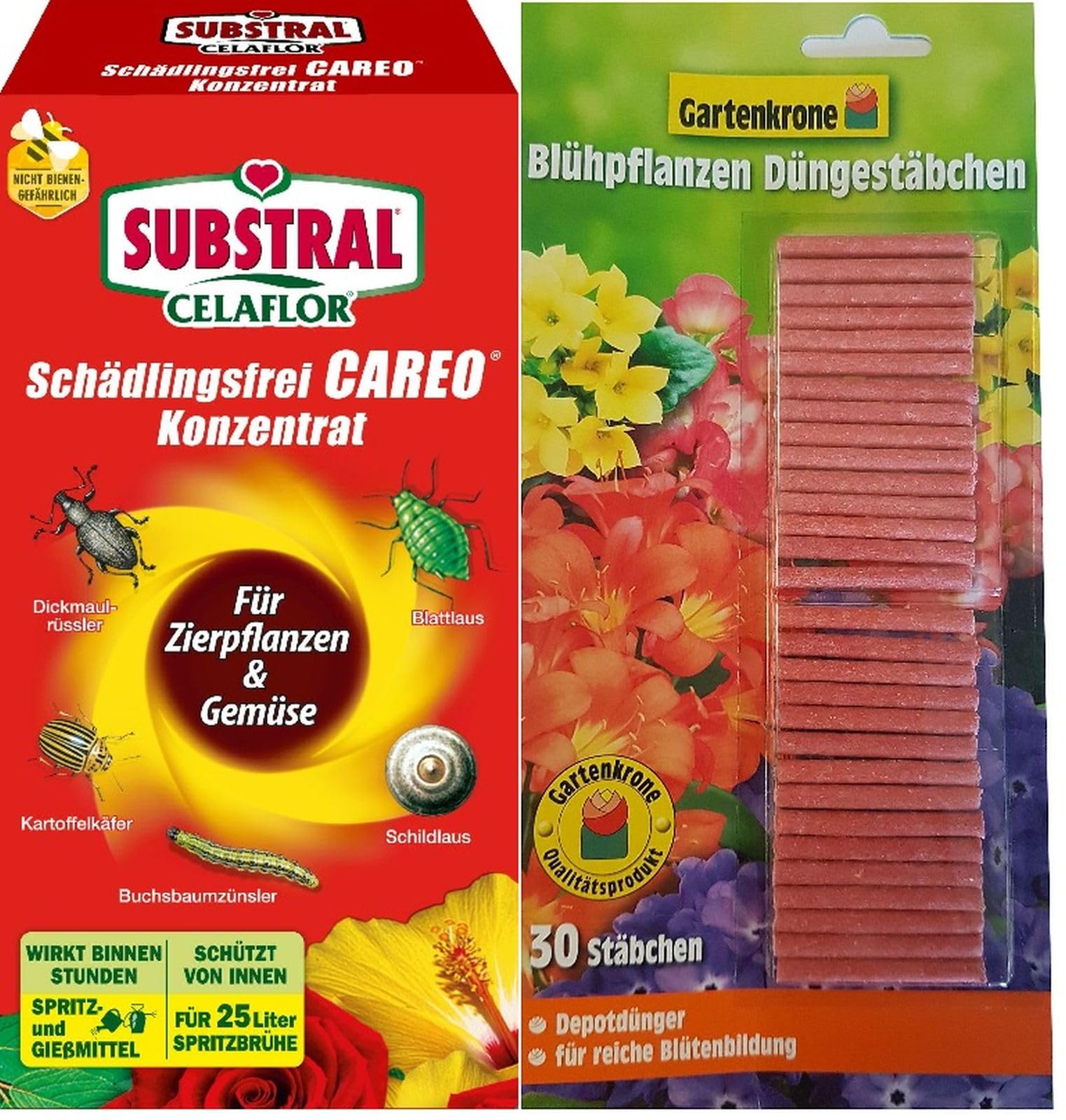 250 ml Schädlingsfrei Careo Konzentrat für Zierpflanzen & Gemüse + 30er Gartenkrone Düngestäbchen