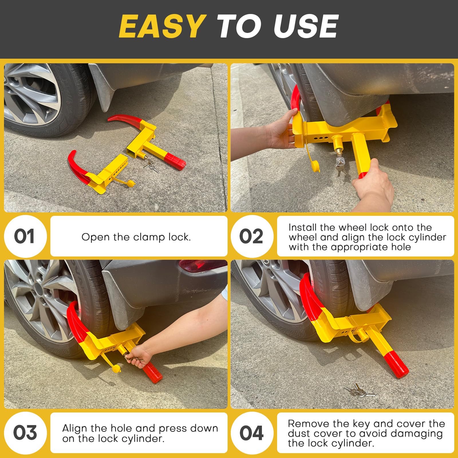 Wheel Clamp Lock | Heavy Duty Anti Theft Tire Lock, Adjustable Trailer Wheel Lock Universal Security Tire Lock with 3 Keys for Cars Trucks Trailers SUVs (Red)