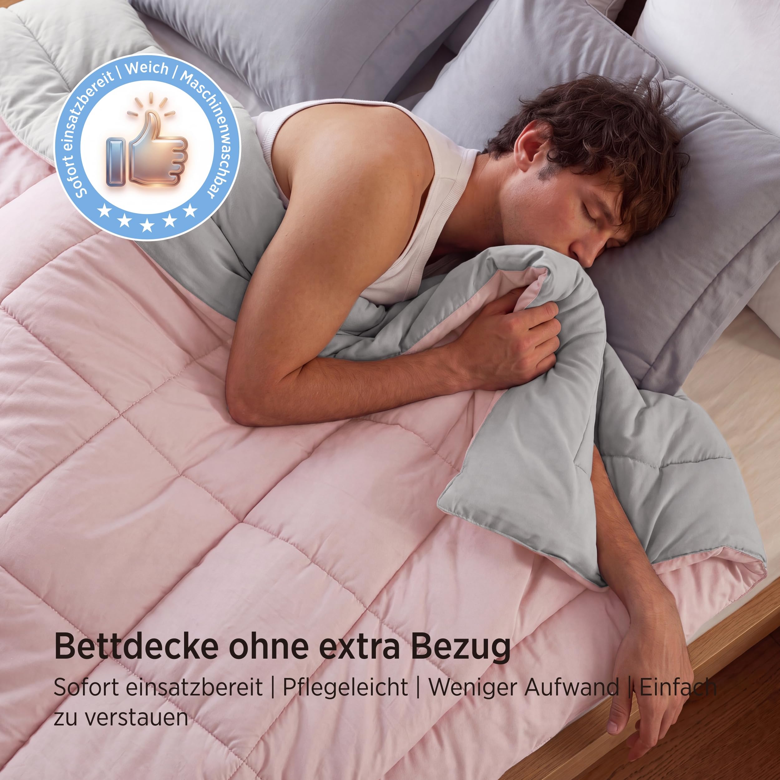 BEDSURE Bettdecke Ohne Bezug 155x220 - Bettdecke mit Integriertem Bezug | Bettdecke 155x220 für Allergiker Waschbare 4 Jahreszeiten Bettdecken Oeko Ganzjahresdecke Warm & Gemütlich, Pinkesque/Grau