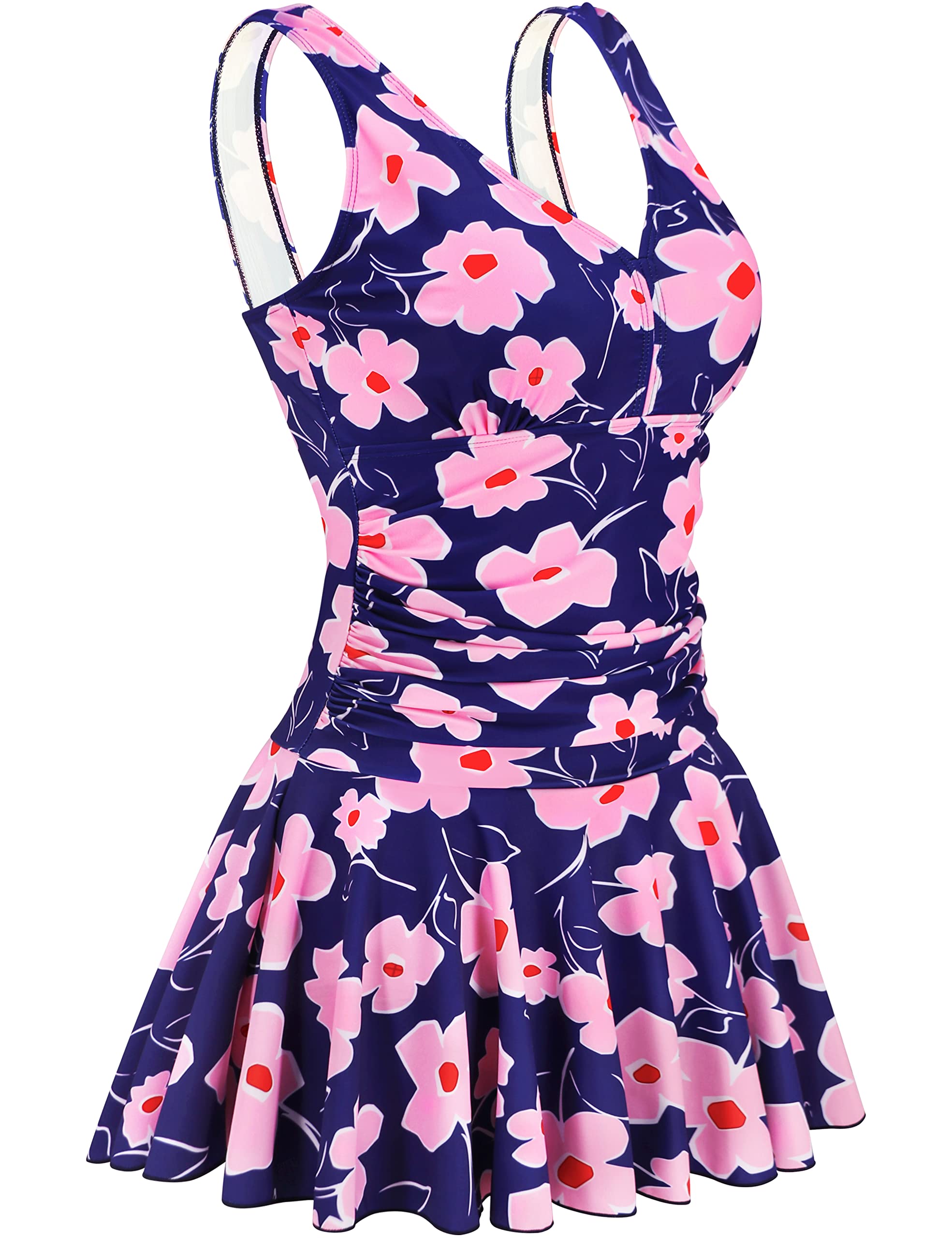 AONTUS Mastectomy Swimdress Plus Size Tummy Control One Piece with Vintage Ruffles U-Back Post-Surgery Confidence Chlorine Resistant 4XL