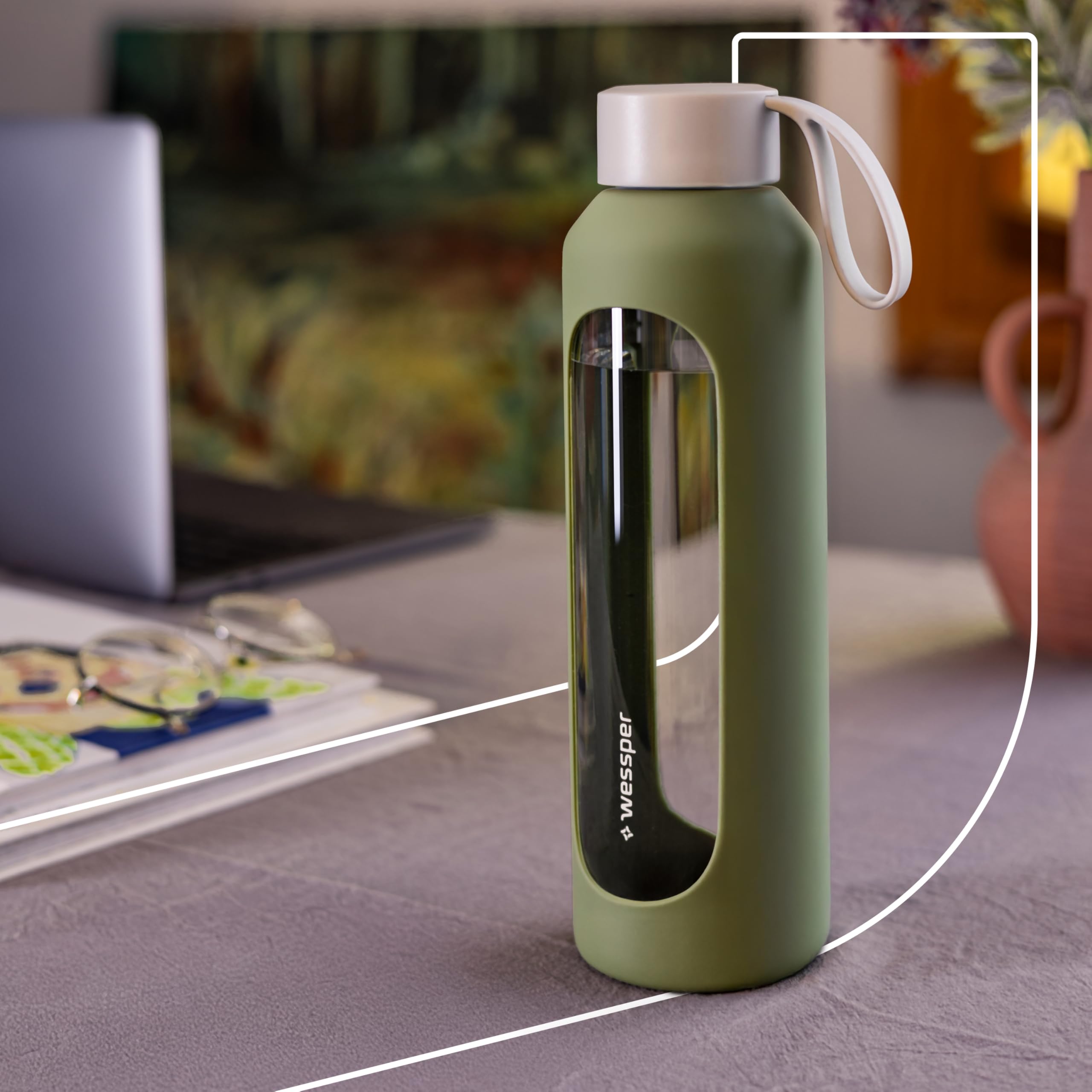 Wessper Botella de Agua Cristal, Botella 500 ml Motivadora con Escala de Hidratación, Botellas de Vidrio Borosilicato con Funda de Silicona, Material Seguro sin BPA - Oliva — view 5