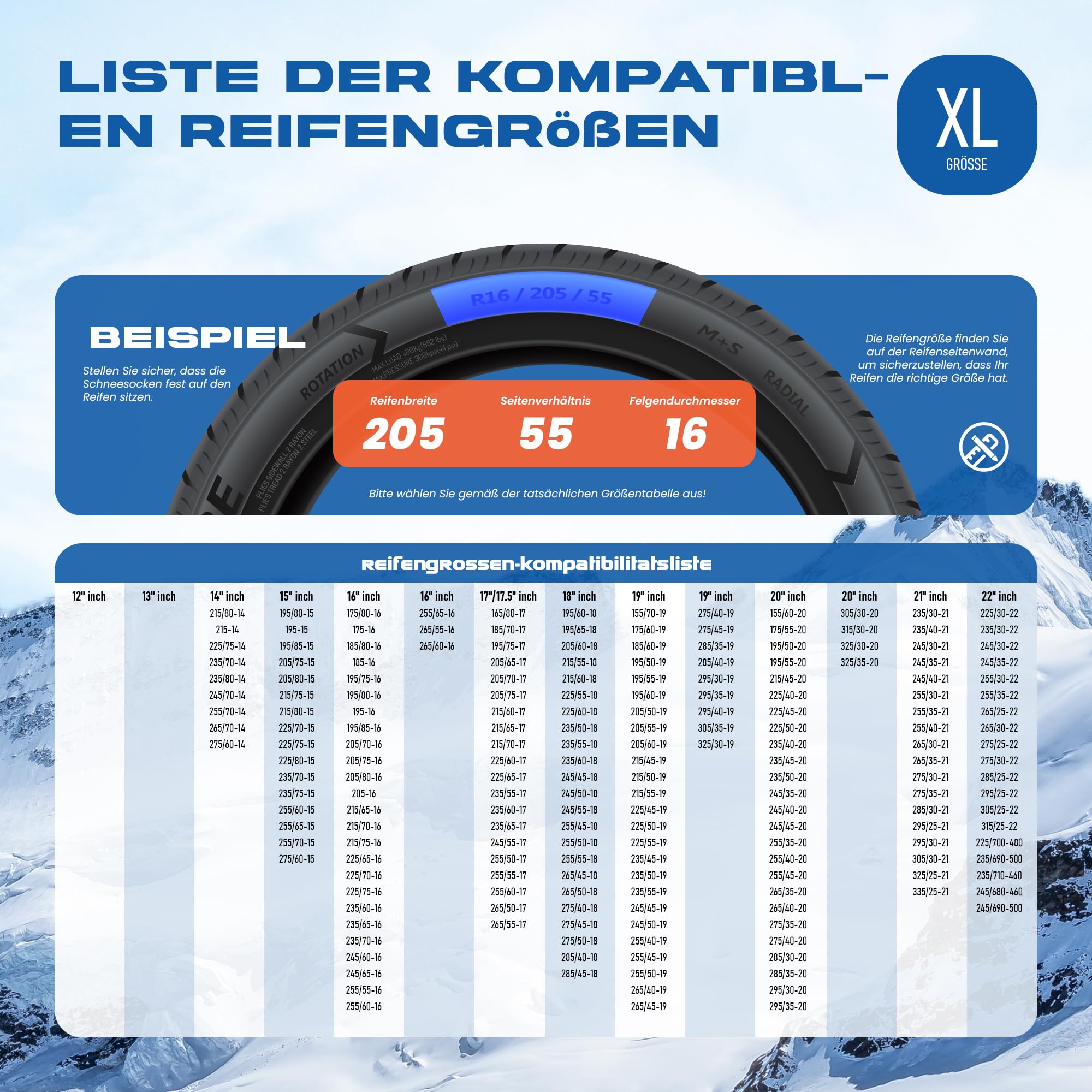 Winterreifen Schneeketten XL - EN 16662-1- Hochsichere, leicht installierbare Textil Schneeketten für Autos - rutschfeste, strapazierfähige Ketten - Set mit 2 Ketten + Handschuhe(Rossi)