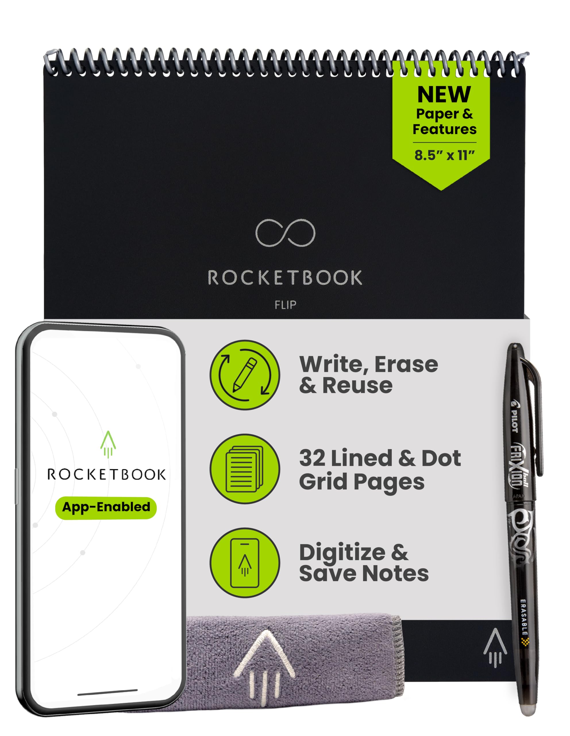 Rocketbook Wiederverwendbarer Smart-Notizblock, oben gebundenes Notizbuch, Briefgröße 21,6 x 27,9 cm, schwarz – linierte und gepunktete Seiten, App-verbunden, löschbar, ideal für Rechts- und