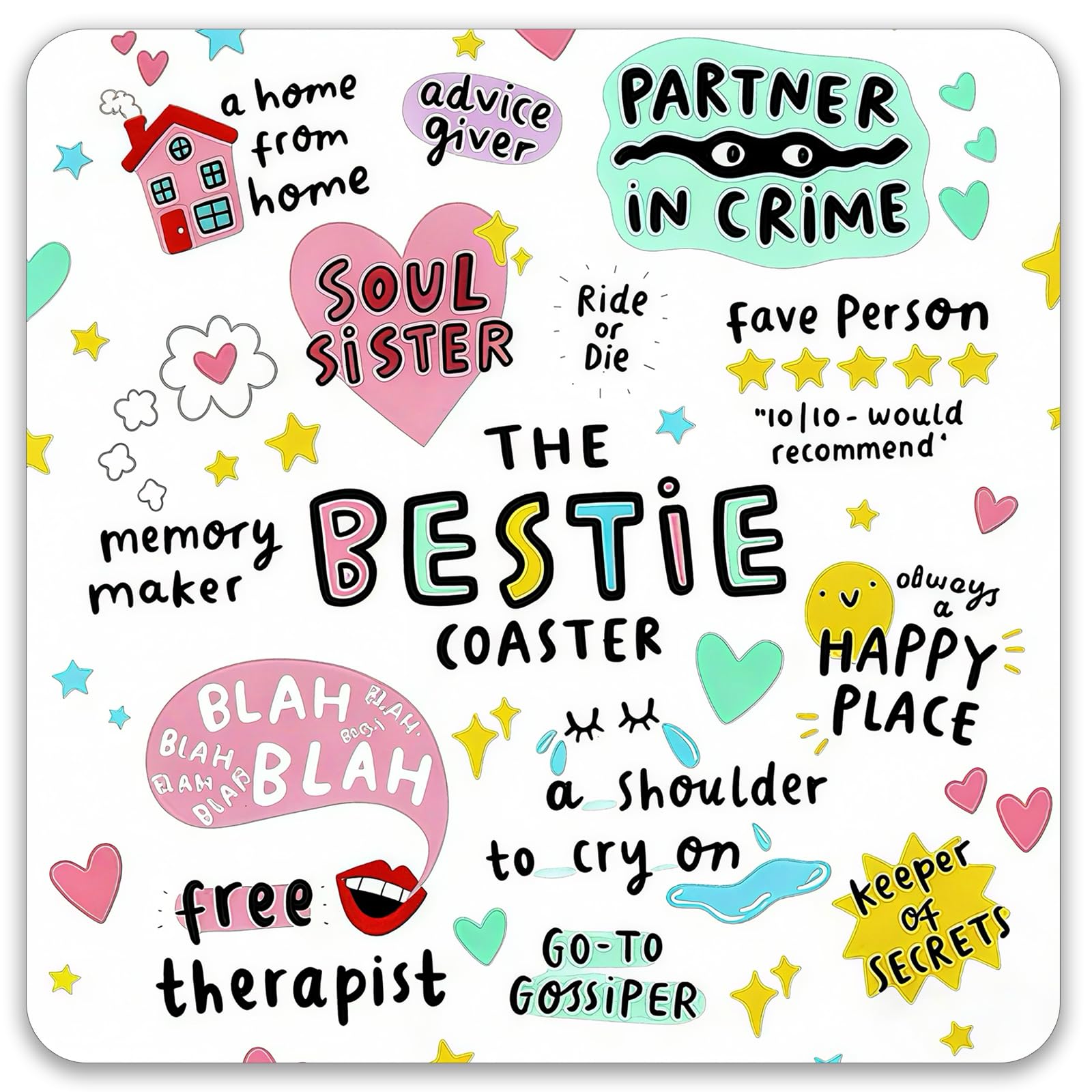 Virelle Funny Bestie Ceramic Coaster with Cork Backing, Soul Sister Birthday Gift for Friend, Partner in Crime Drinks Coaster, Unique Present for Women, Gifts under £5