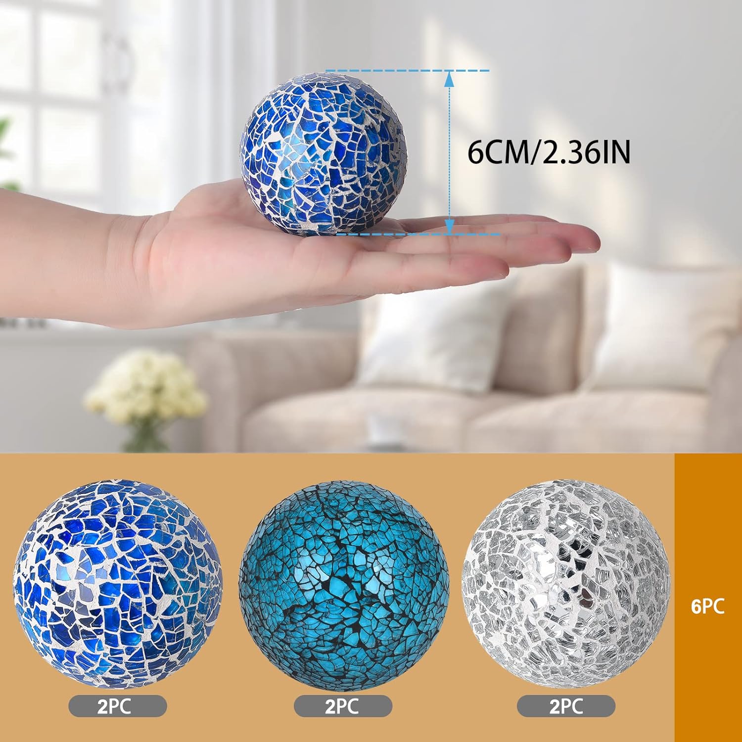 6Pcs Decorative Ball Set - 6cm/2.4inch Mosaic Glass Orbs Centerpiece Balls Decoration for Tables, Wedding Party (Mixed Color)