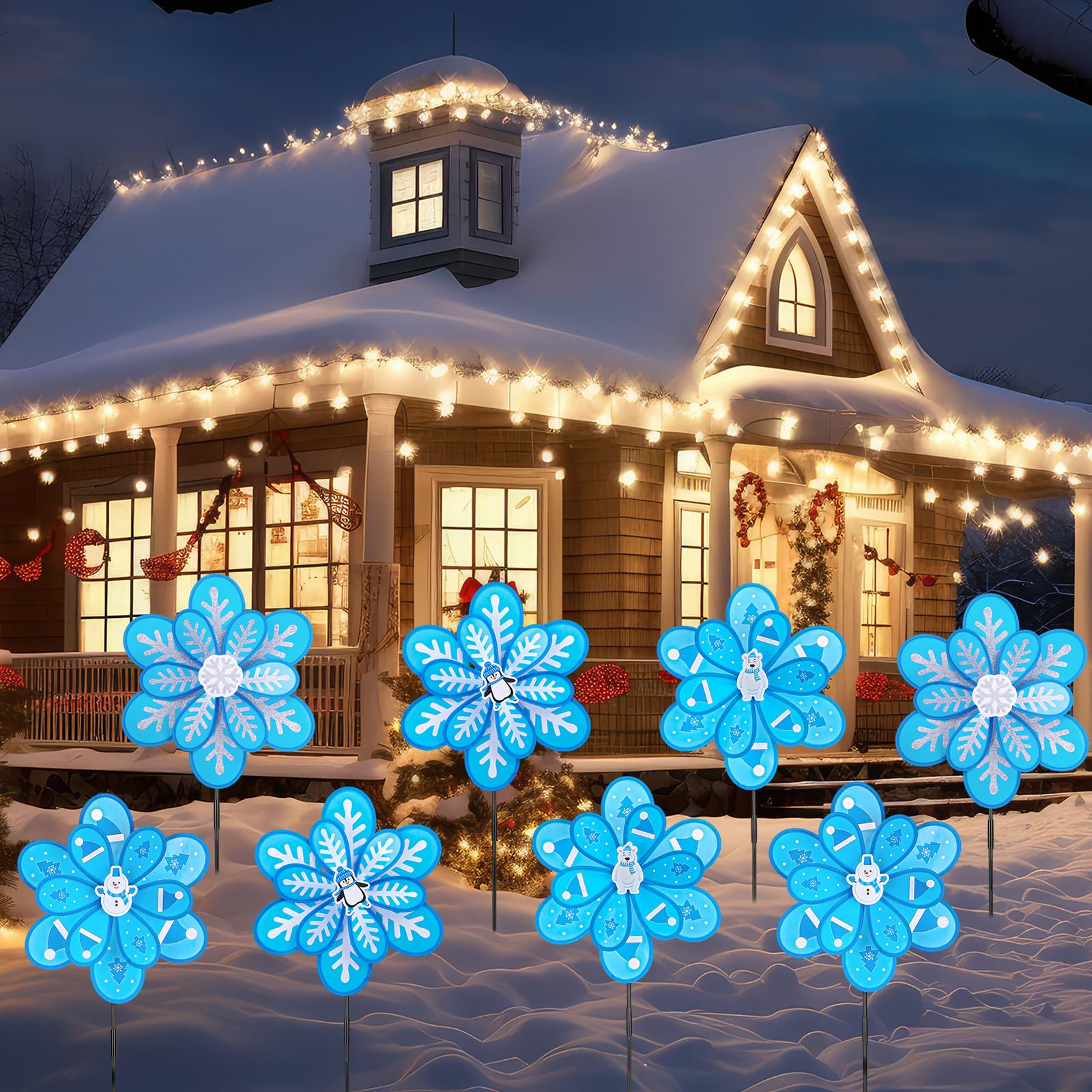 Civaner 8 Pcs Large Winter Wind Spinners 28.7 Inch Snowflake Yard Stakes Winter Outdoor Decorations Pinwheels with Stakes Snowflake Windmills 3D Snowman Wind Sculptures for Garden Winter Decor