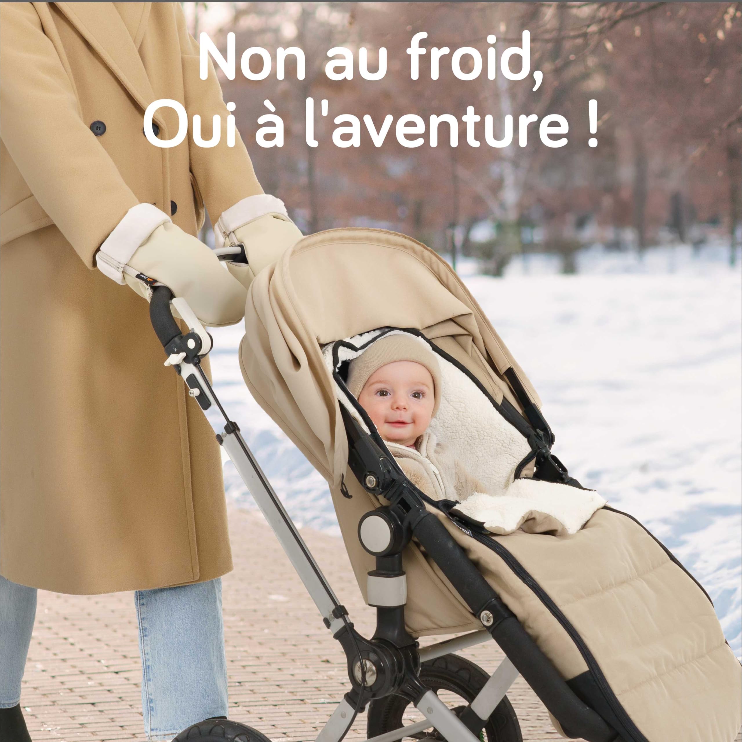 Baby Uma Gant Poussette Bébé - Moufles Poussette Doublées Polaire Ultra-Douces, Simili-Cuir Imperméable Coupe-Vent, Accessoire Poussette Universel avec Fermetures Zippées (Beige)