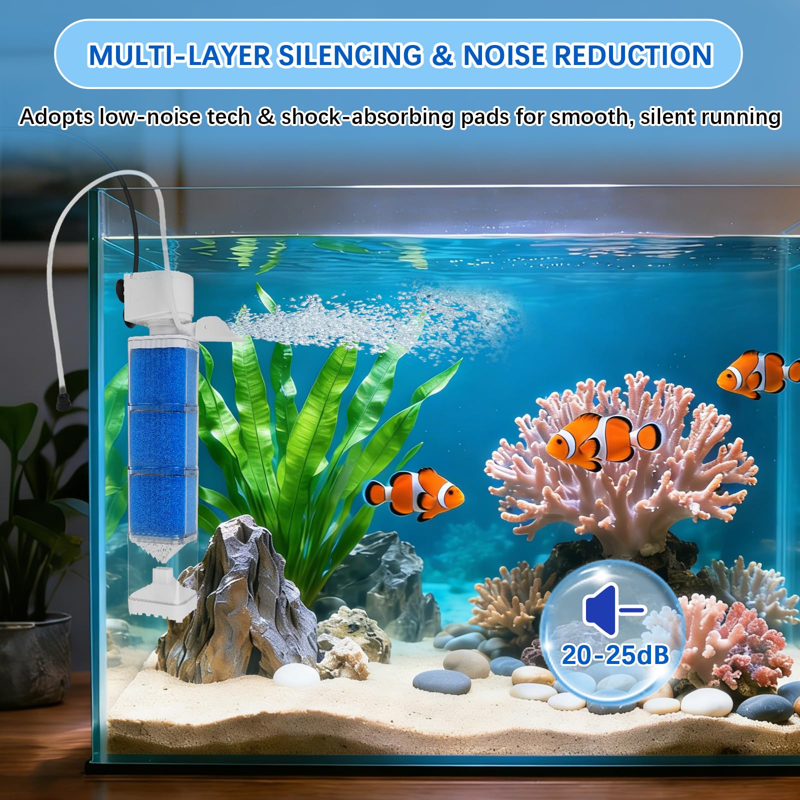 EXLECO Pompes et Filtres pour Aquarium 150-300L, 5 en 1 Réglable Pompe Aquarium Filtre et Oxygène, Pompage, Wavemaker, Moteur Aquariums Silencieux 1200L/H 15W Éponge Filtrante Réutilisable d'eau Douce