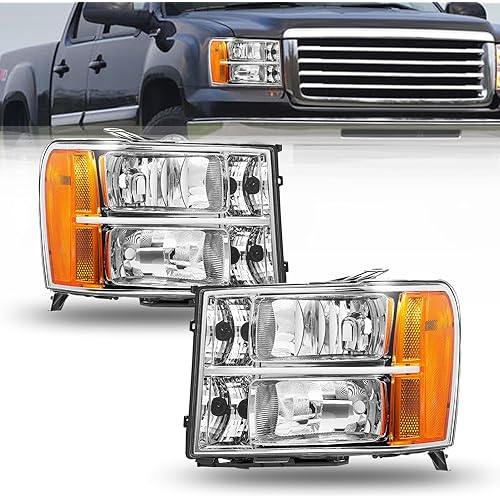 CAPSER Headlight Assembly Compatible with 2007-2013 GMC Sierra 1500/2007-2014 GMC Sierra 2500HD 3500HD Clear Lens Amber Reflector Chrome Housing Driver (OE style)