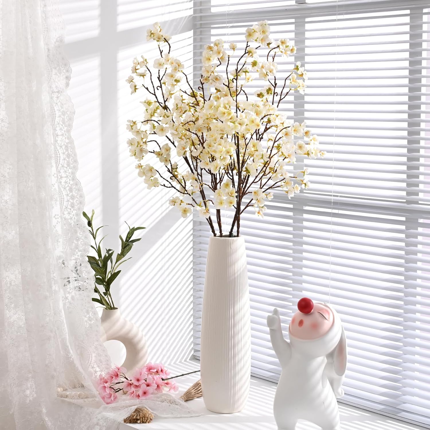 Waipfaru 4 Pcs Cherry Blossom Branches, 40'' Faux Cherry Blossom Tree Stems Decor, Long Stem Artificial Flowers for Tall Vase, Fake Flowers for Spring Home Indoor Outdoor Decoration (White)
