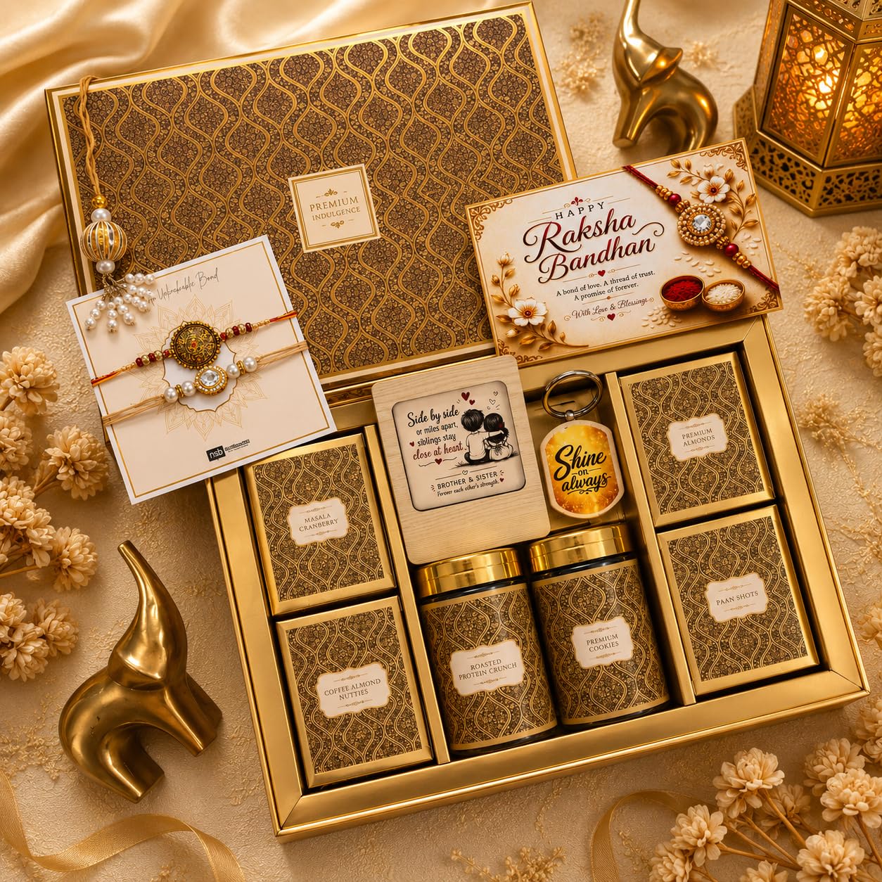 NutriSnacksBox Yellow Assorted Rakshabandhan Hamper With 2 Premium Rakhi and 1 Bhahbhi Lumba | Almonds | Raisin Chocolates | Choco Nutties Rose Petals | Cookies | Dates Balls | Pooja Thali With Roli Chawal, Tikka Stick,Shagun Nariyal | Greeting Card | Combo Gift Set for Brother-image-40