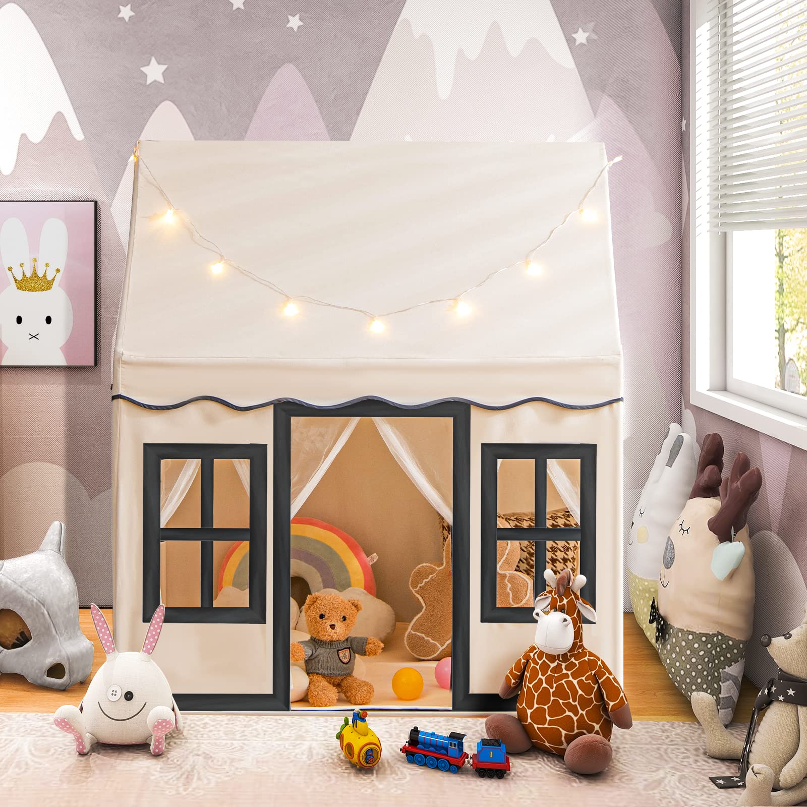 HOMASIS Tenda per Bambini in Cotone, Casa da Gioco per Bambini con Luci Stellari, Borsa per il Trasporto, Tappetino, Regalo per Ragazzi e Ragazze, Tenda da Gioco Interni e Cameretta (Beige+nero)