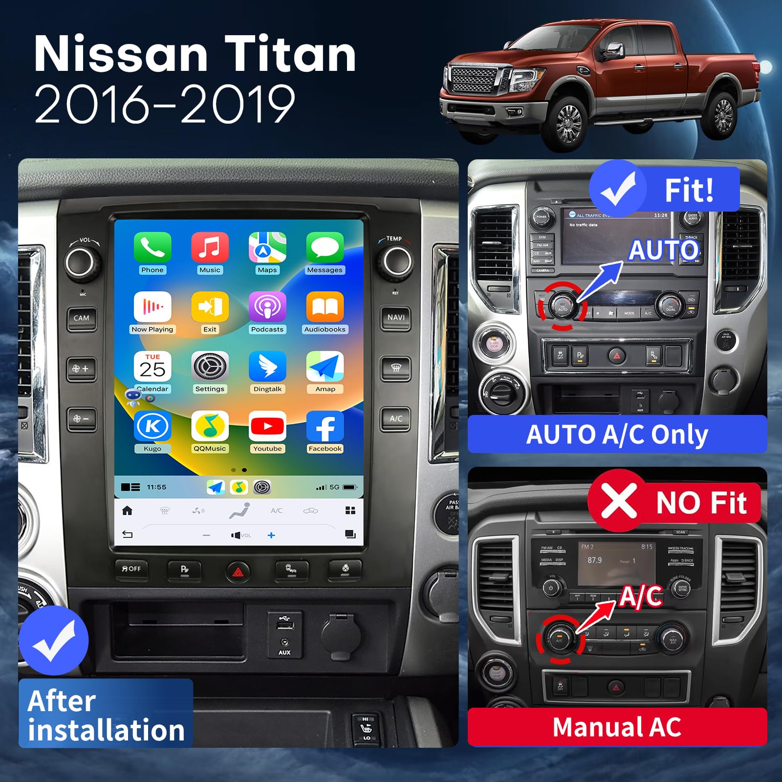 Car Stereo Radio for 2016 2017 2018 2019 Nissan Titan Qualcomm Android 13 12.1-Inch Screen Car Radio with Wireless Apple Carplay & Android Auto GPS Navigation WiFi SWC DSP (NOT Support Manual AC)