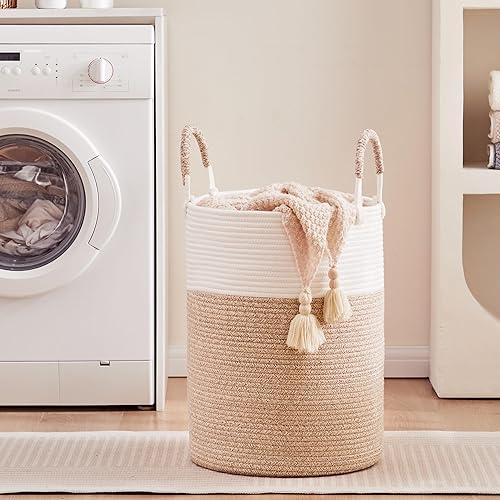 Miniatura 4 de Cesta tejida para ropa sucia, cesta de cuerda alta de 60 litros para manta, cesta de ropa para dormitorio, cuarto de bebé, cesta de lavandería para