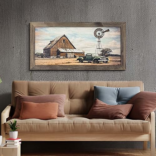 Miniatura 4 de Obra de arte enmarcada de madera de granero impresión rústica retro de camión, casa de campo, arte de pared, pintura de paisaje de coche antiguo,