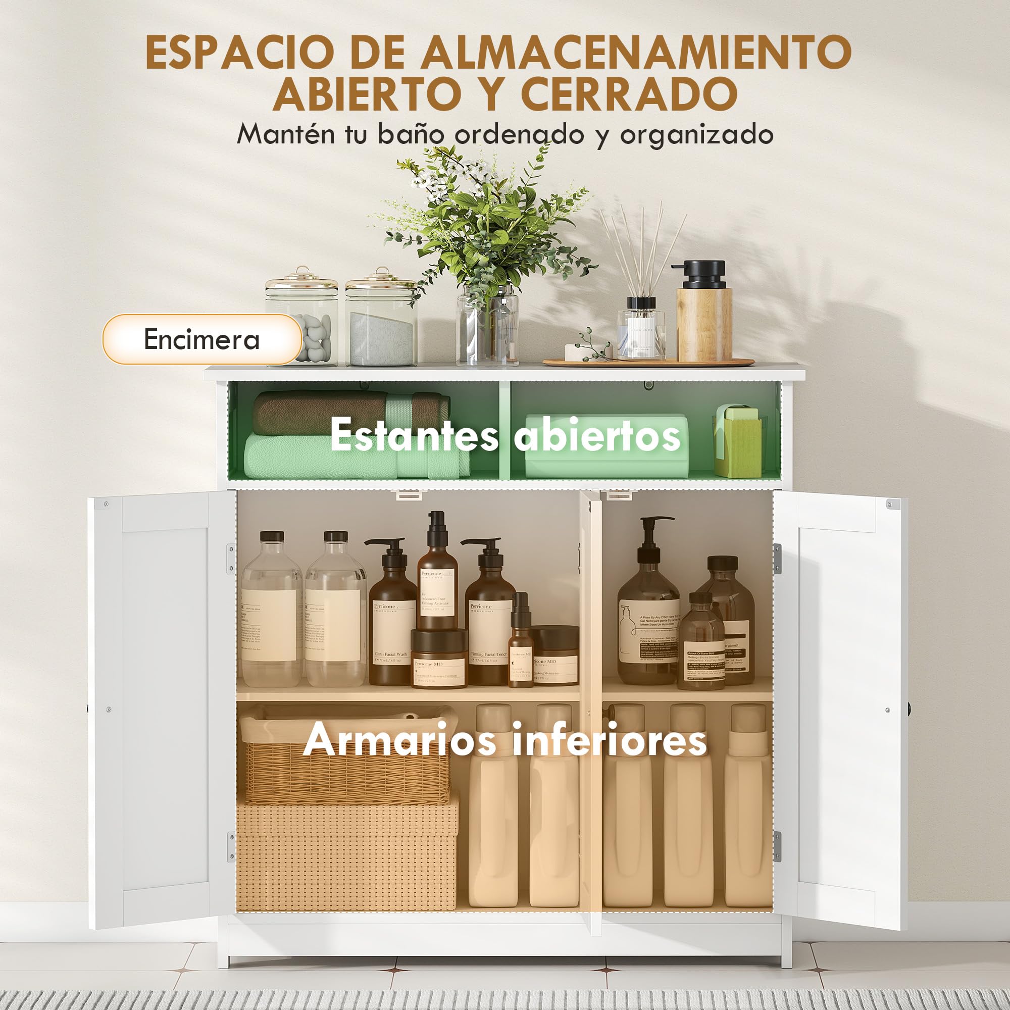 HOMCOM Mueble de Baño Armario Baño Estrecho con 3 Puertas 85x30x85cm Blanco | 2 Compartimentos Abiertos, Estante Ajustable, para Sala de Estar, Cocina