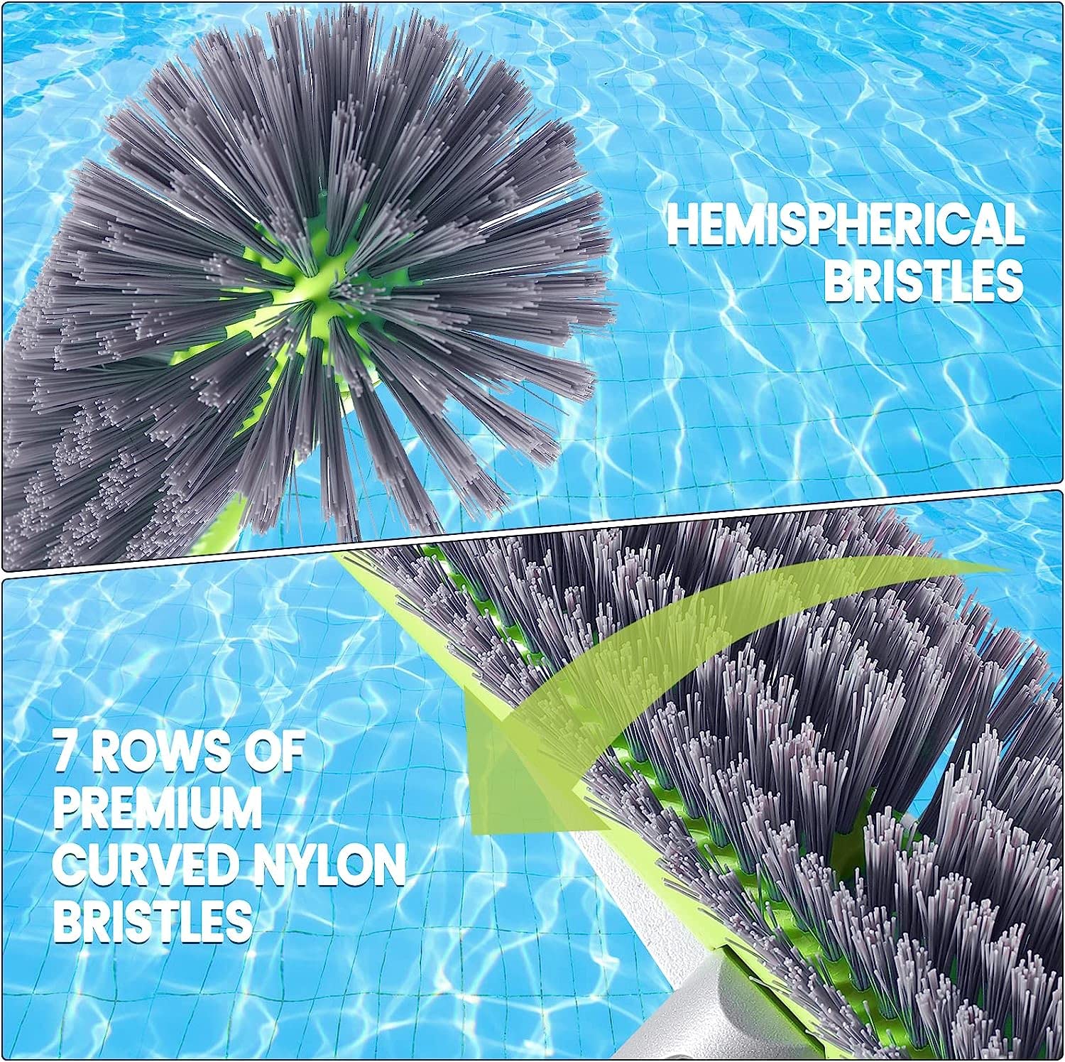 Cepillo profesional para paredes y azulejos de piscina, con extremos hemisféricos, cabezal trasero de aluminio resistente de 17.5 pulgadas para limpiar paredes, azulejos y suelos, 7 filas de cerdas de