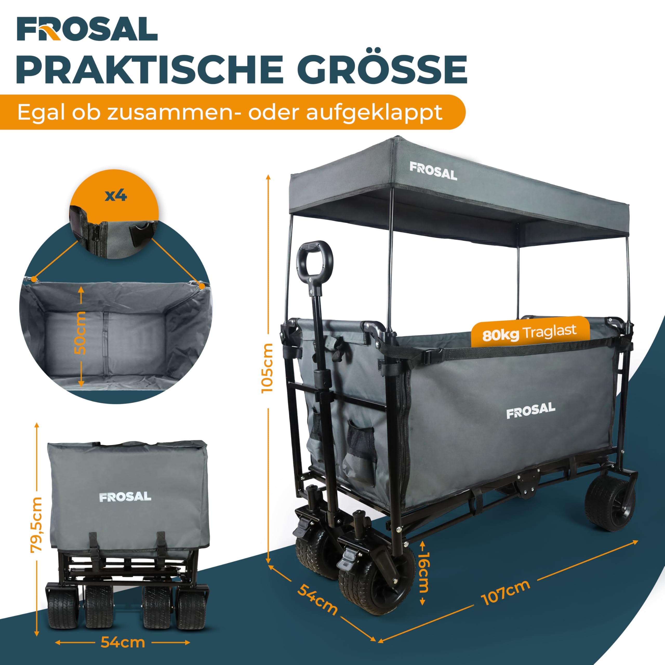 FROSAL Bollerwagen Tom faltbar mit Dach – Handwagen klappbar für Kinder, Hund & Transport – 80kg belastbar –pannensichere Räder & höhenverstellbare Zugstange – Garten & Camping Wagen grau