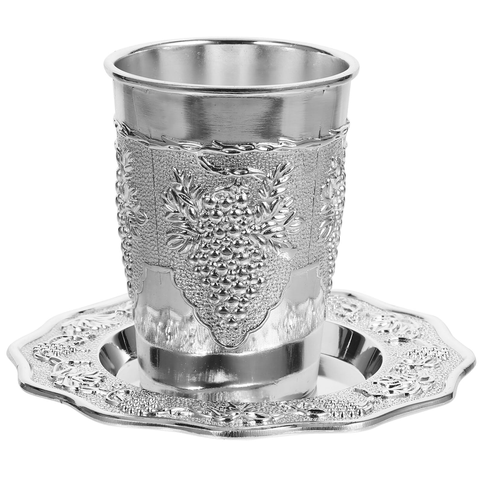 HOLIDYOYO Kiddush Cup Wine Cup for Shabbat, Holiday and Passover Seder Shabbat Cup with Saucer, Silver Kiddush Cup, Shabbat Kiddish Cup Judaica Shabbos and Holiday