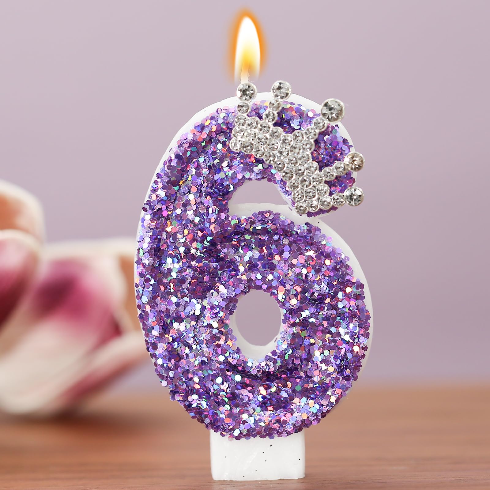Bougies d'anniversaire en forme de chiffre 6 avec paillettes pour décoration de gâteau, couronne violette (chiffre 6)