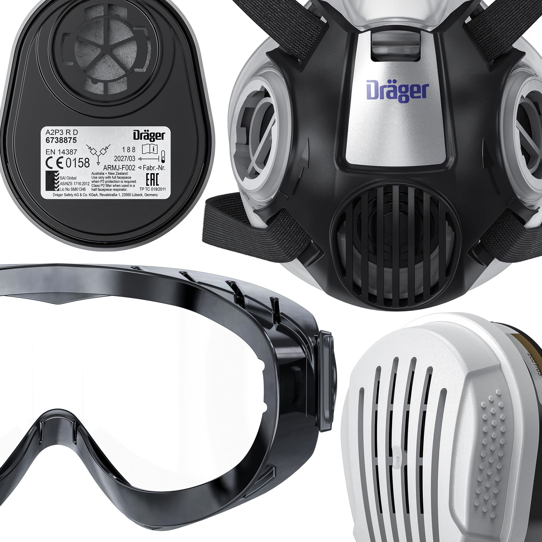 Dräger Set da pittore X-plore 3300 con filtro combinato A2P3 e occhiali di sicurezza X-pect 4200 a visione totale, per pittori e verniciatori, protezione contro vapori, gas e polveri sottili