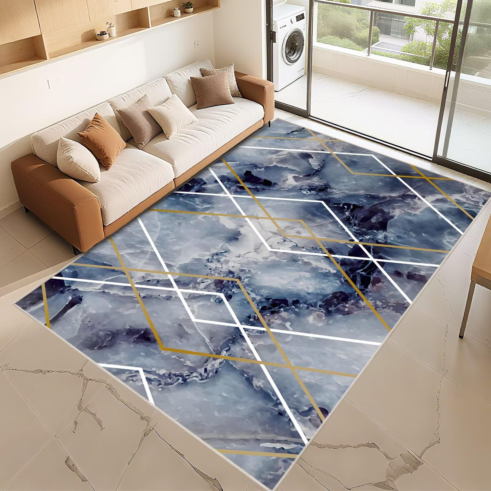 Tapis de chambre bleu gris 180x200cm antidérapant à rayures